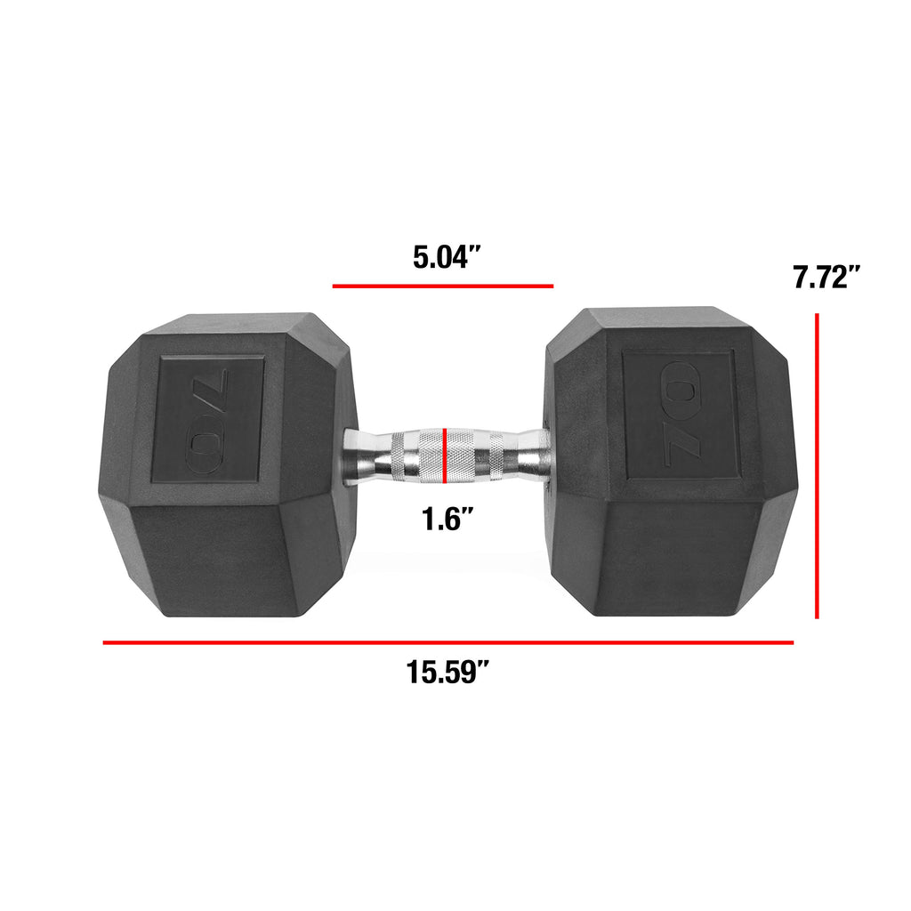 CAP Barbell 70 LB Rubber Coated Hex Dumbbell Hand Weight - Single | Chrome Handle