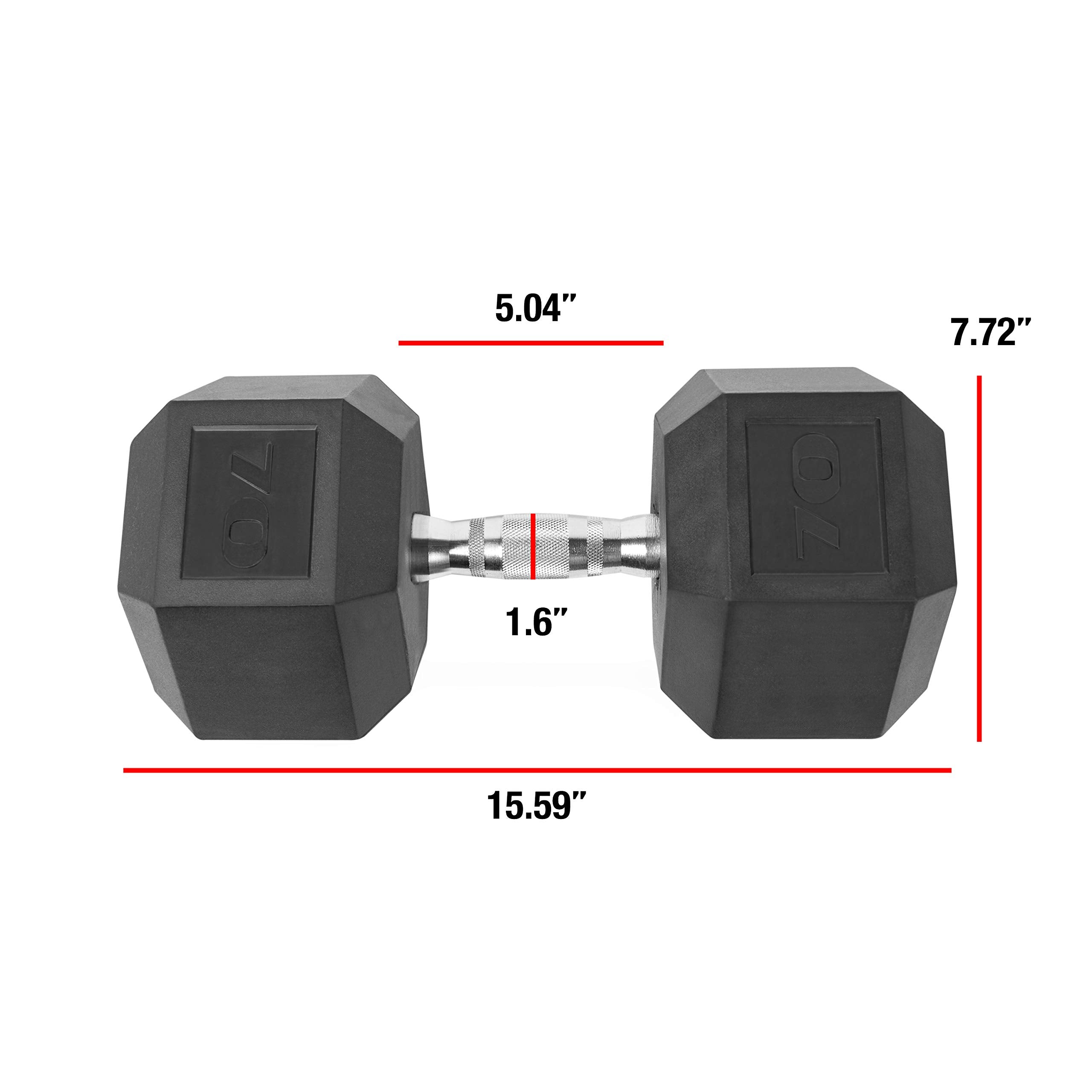 CAP Barbell 70 LB Rubber Coated Hex Dumbbell Hand Weight - Single | Chrome Handle