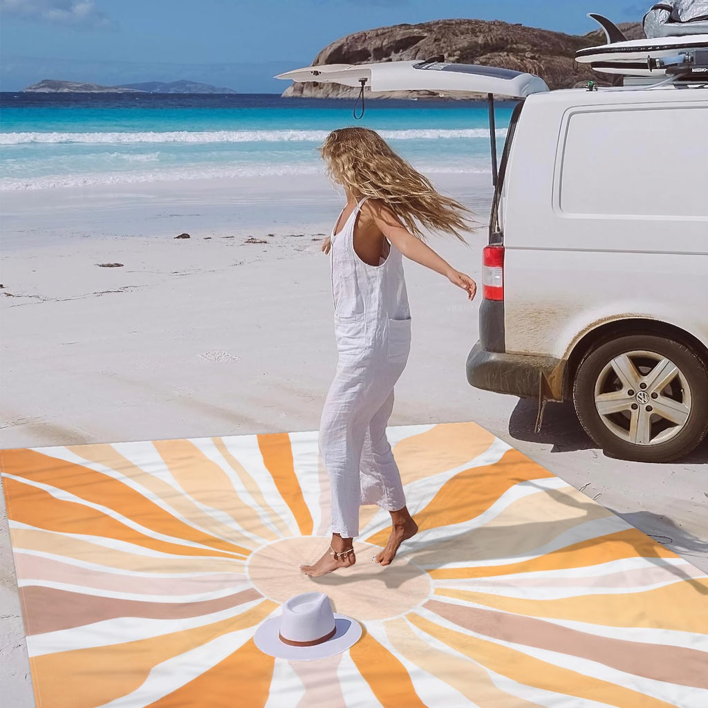 Waterproof Sandproof Beach Blanket, 9 Ft X 10 Ft Extra Large Beach Mat For 8 Adults, Lightweight Polyester Outdoor Picnic Blanke