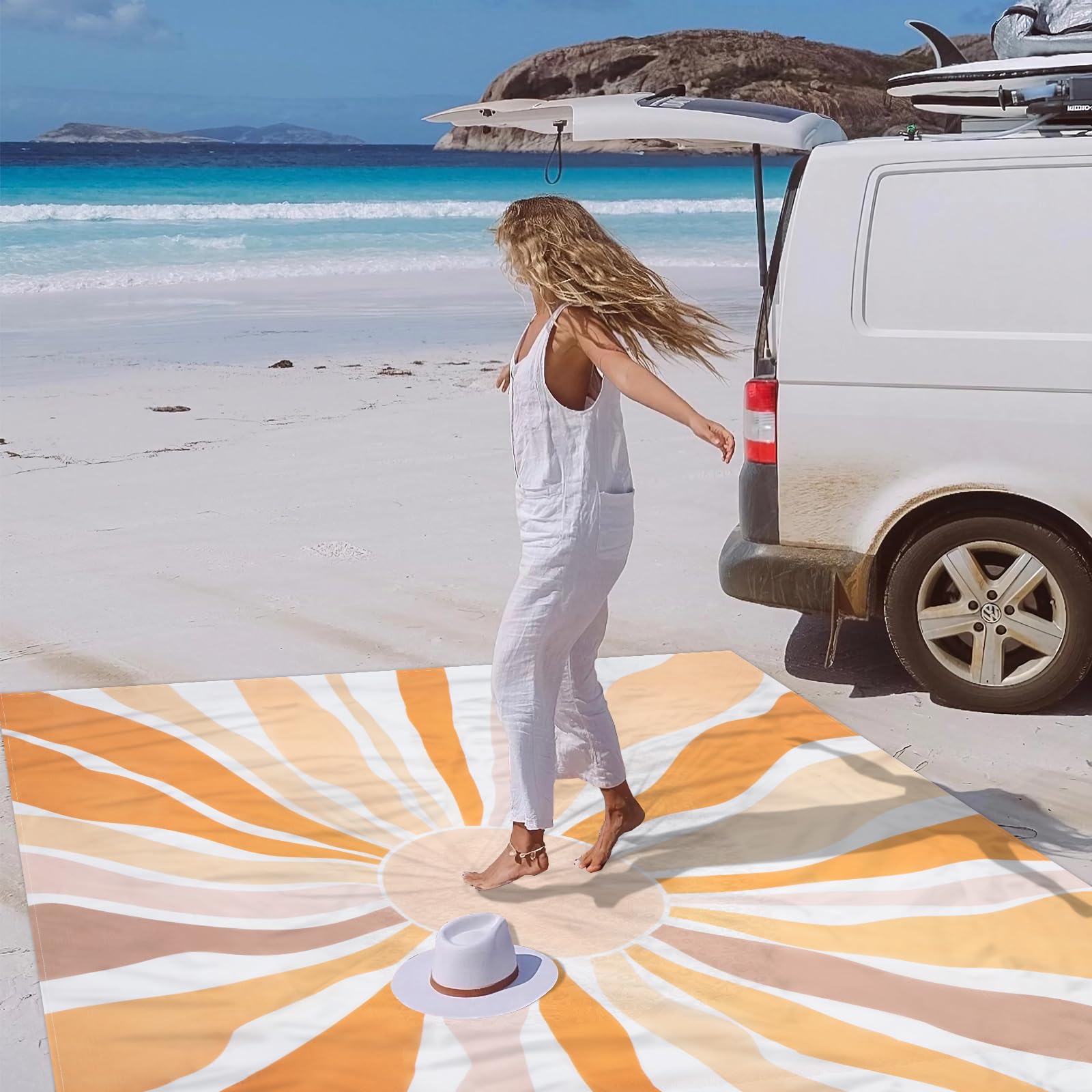Waterproof Sandproof Beach Blanket, 9 Ft X 10 Ft Extra Large Beach Mat For 8 Adults, Lightweight Polyester Outdoor Picnic Blanke