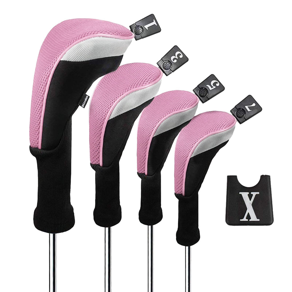 Andux 4Pcs/Set Golf 460Cc Driver Wood Club Head Covers Long Neck With Interchangeable No. Tags Pink