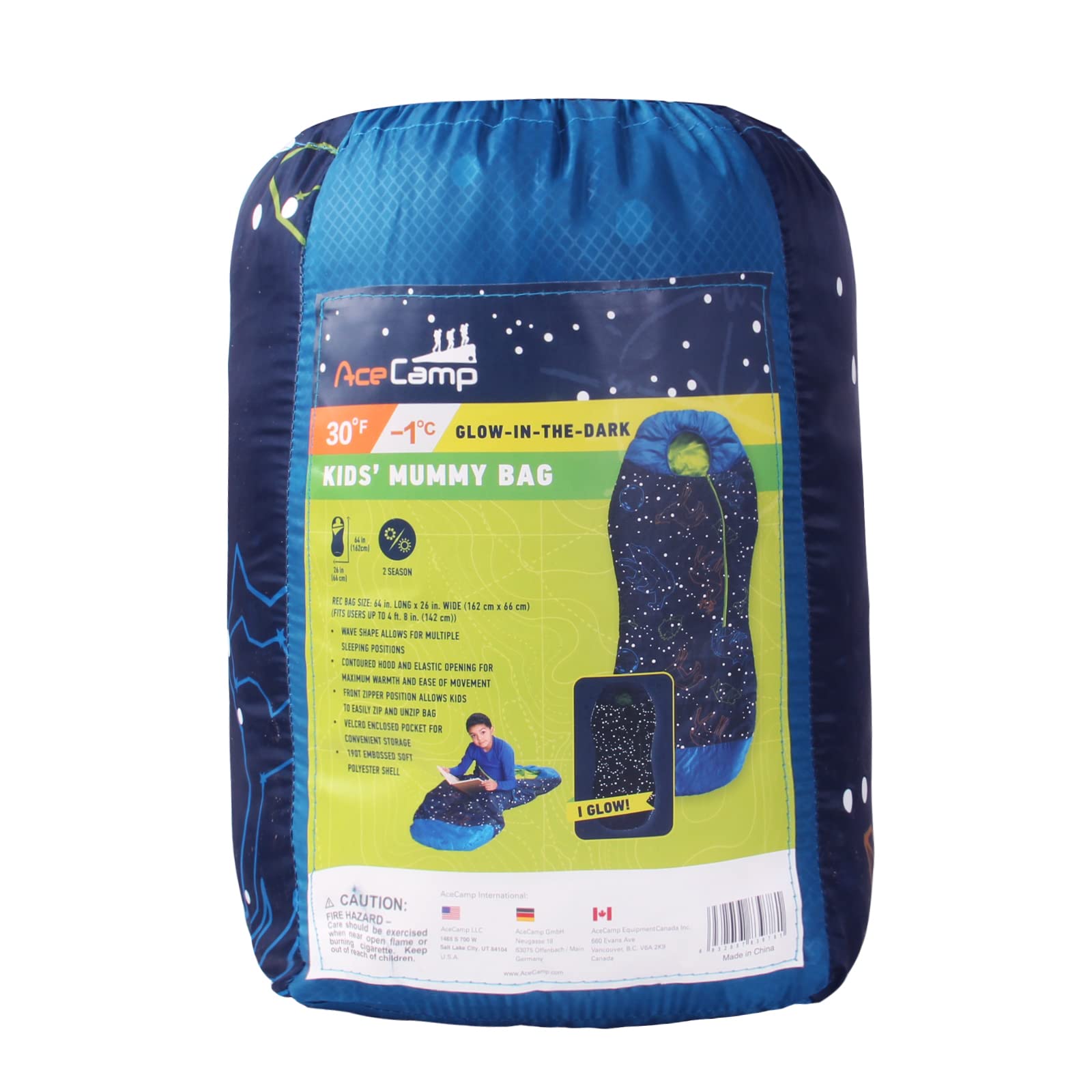 Acecamp Glow In The Dark Mummy Sleeping Bag For Kids And Youth, Temperature Rating 30?F/-1?C, Water-Resistant For Camping, Hikin