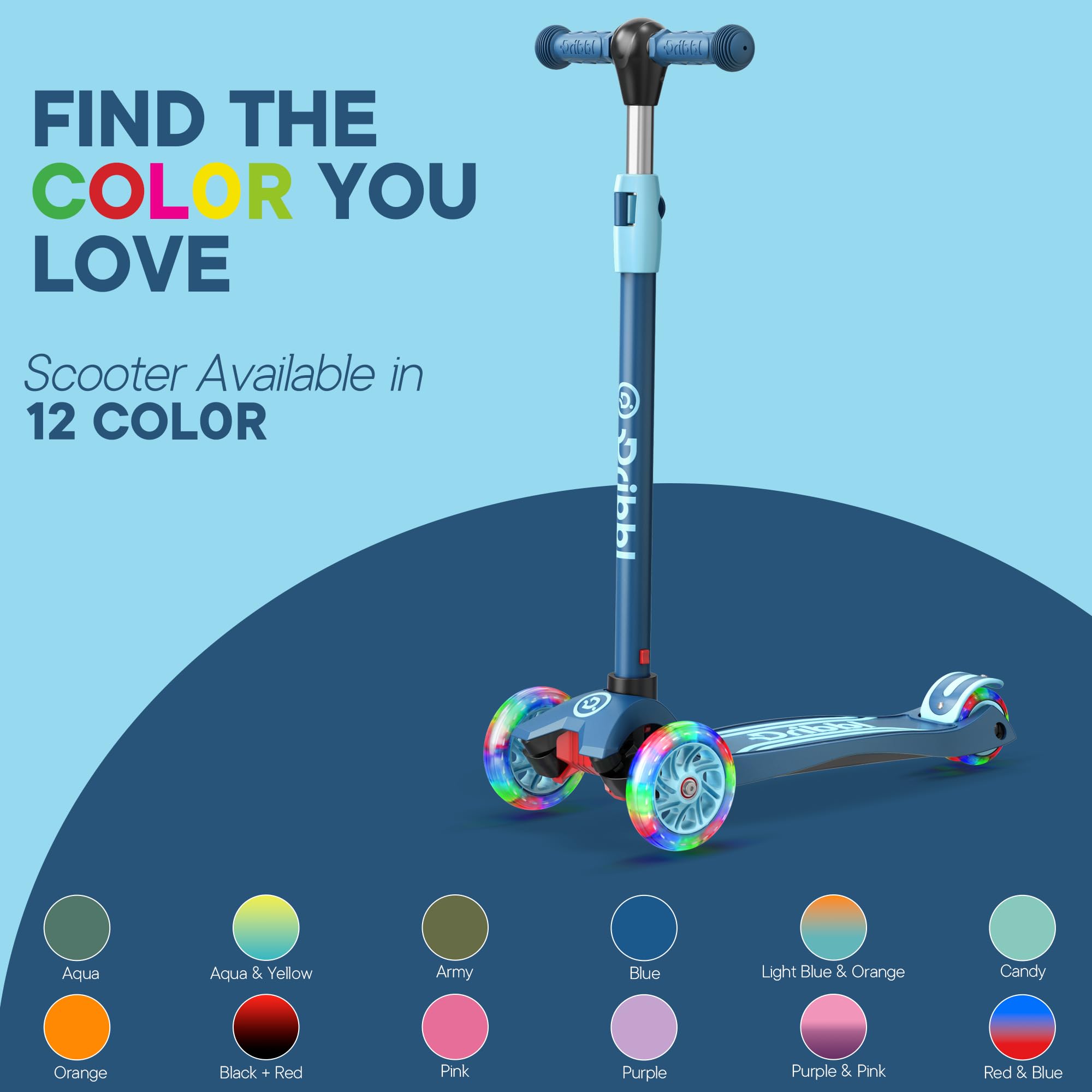 Dribbl 3-Wheel Kids Scooter - Lean-to-Steer Technology, Adjustable Height Handlebar, Wide Anti-Slip Deck, Scooter for Boys & Gir