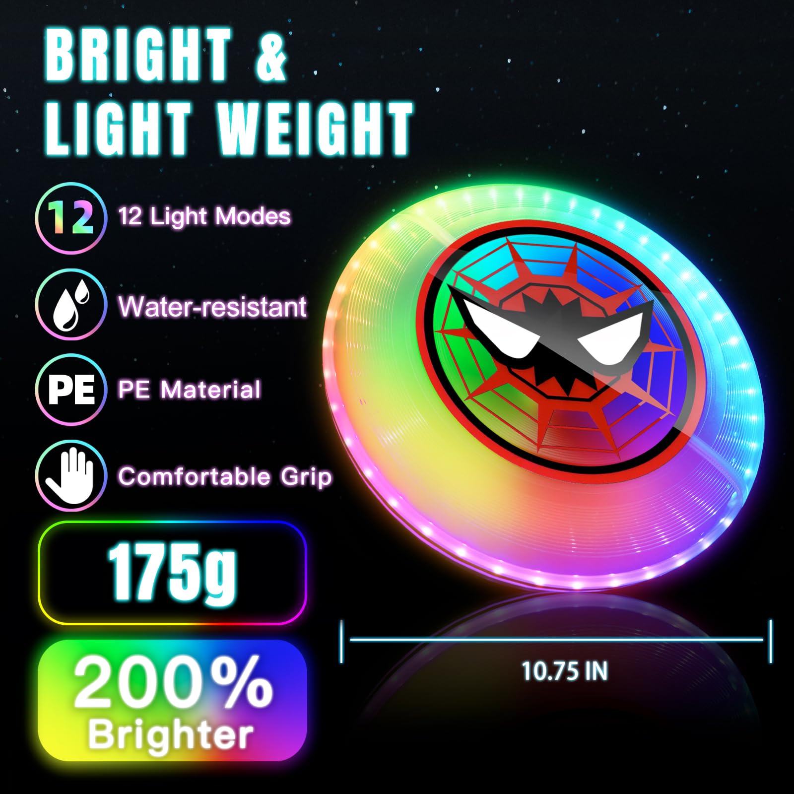 Led Flying Disc With Millions Of Colors, Rechargeable, Water-Resistant, 42 Leds, 175G Light Up Disc, 12 Modes, Spider Outdoor To