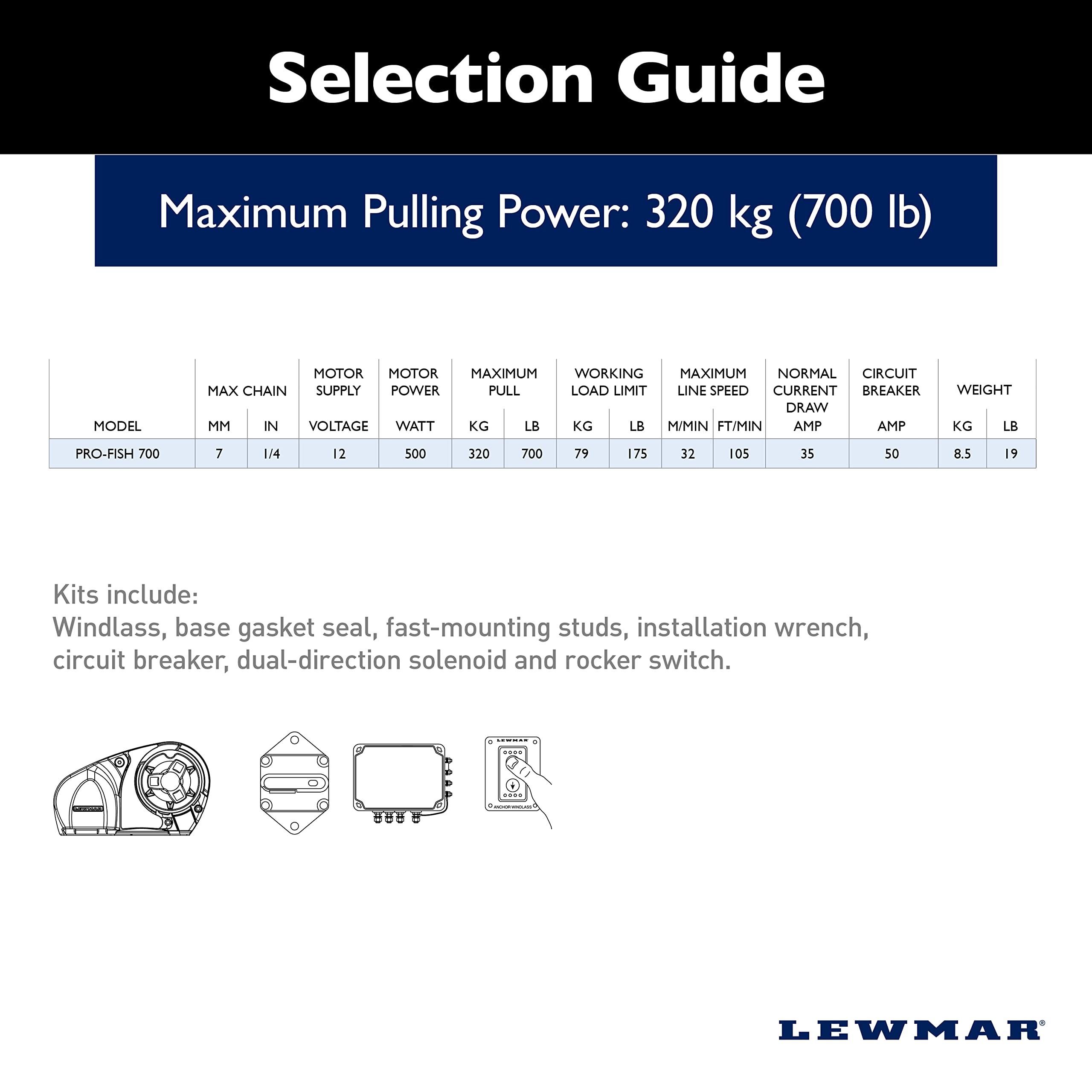 Lewmar Pro Fish 700 Fishing Windlass For 1/4'' G4 Chain, Auto Free-Fall System, Maximum Pull 700 Lbs., 316 Stainless Steel Const