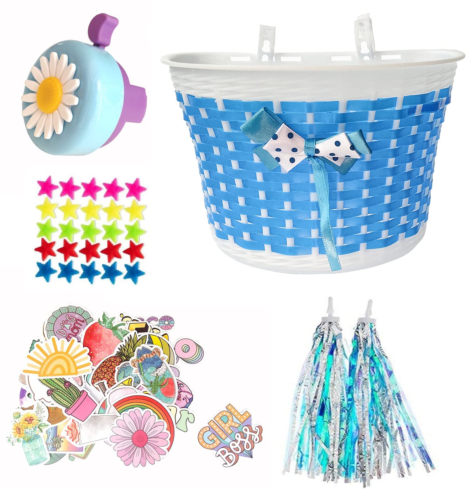 Suerico Kids Bike Decorations Accessories,Bicycle Scooter Basket, Children Bicycle Bell,Bike Handle Streamers and Stickers, Bike
