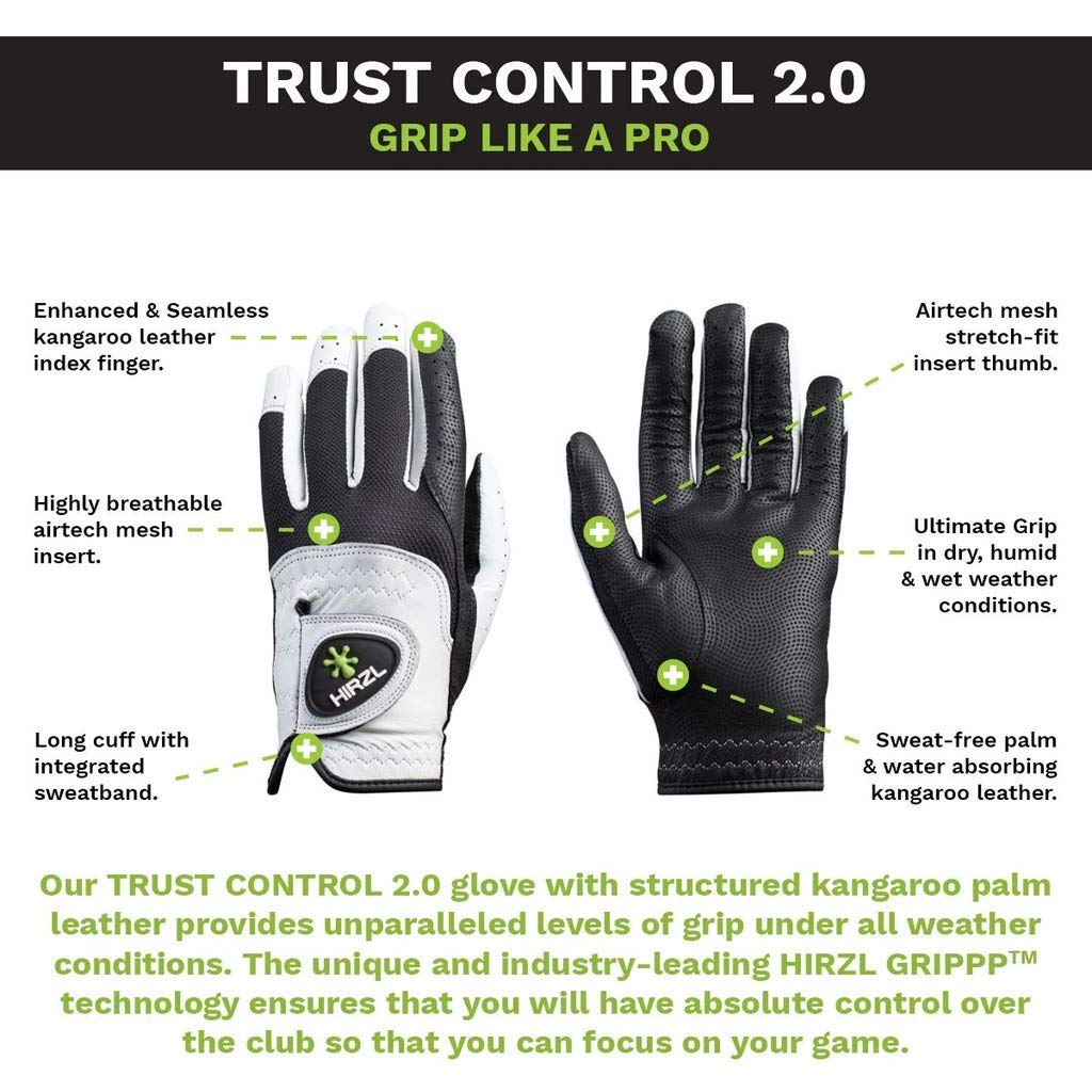 Hirzl Trust Control 2.0 Ladies Golf Gloves, All Weather Womens Golf Glove (White/Black)  Kangaroo Leather Palm  Cabretta Leather