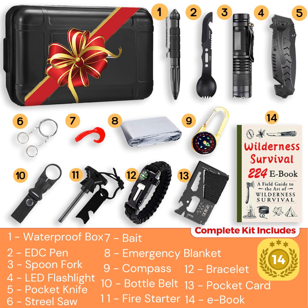 Assaber Survival Kit,13 In 1 Survival Gear And Equipment, For Dad, First Aid Kit With Survival Bracelets Emergency Blanket Tacti