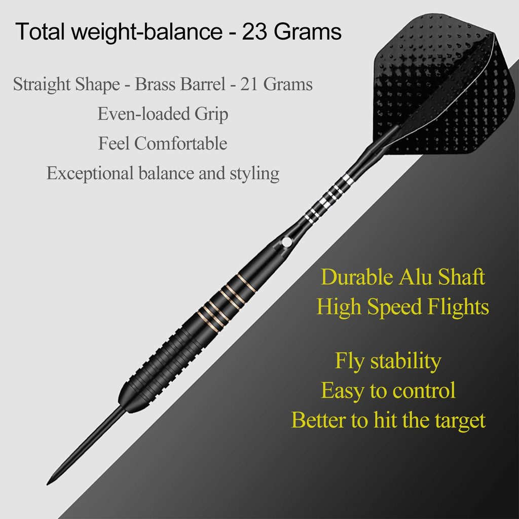 Steel Tip Darts Set For Dartboard, Professional Darts With Metal Tip 23 Grams, Brass Barrel + Black Aluminium Nylon Shafts 9 Fli