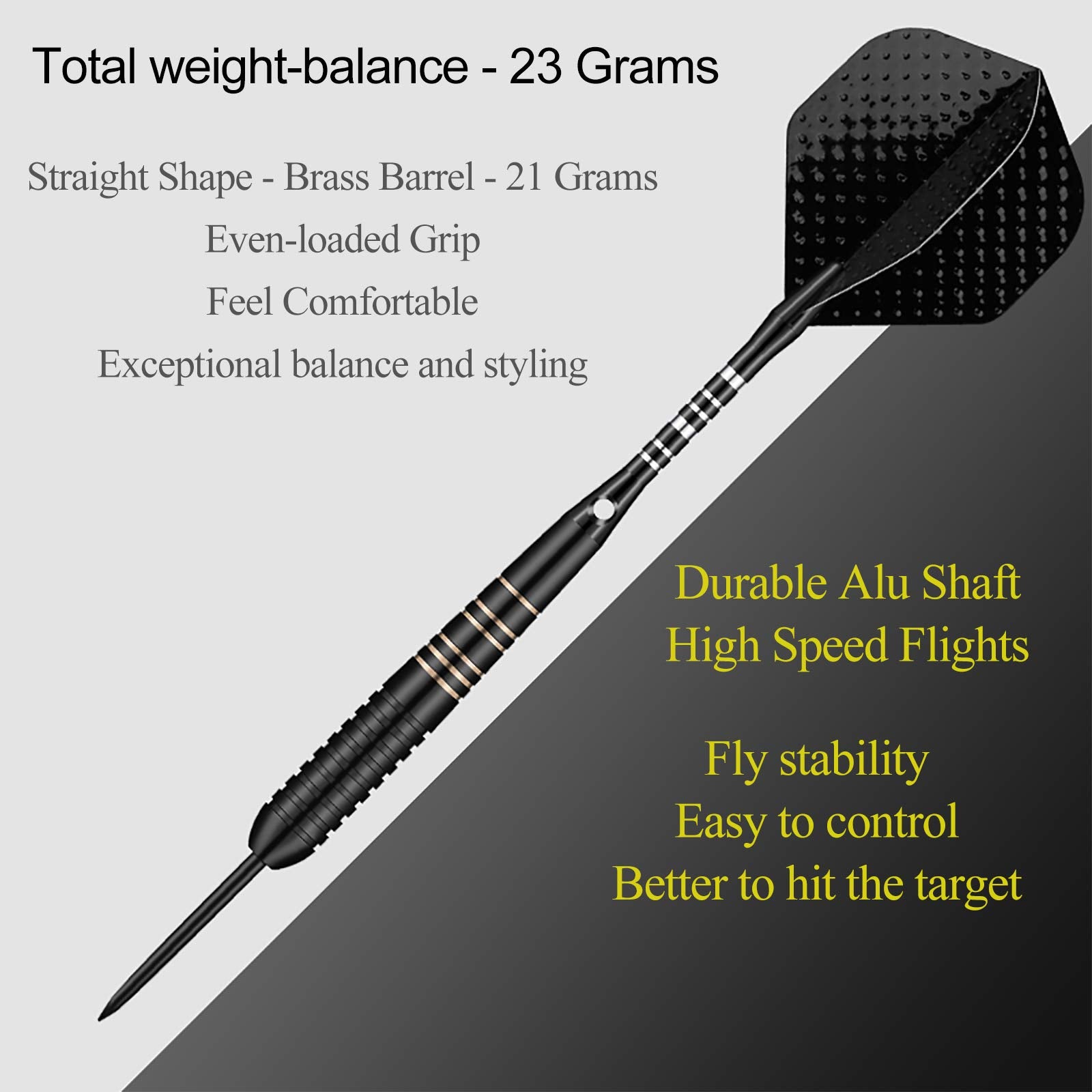 Steel Tip Darts Set For Dartboard, Professional Darts With Metal Tip 23 Grams, Brass Barrel + Black Aluminium Nylon Shafts 9 Fli