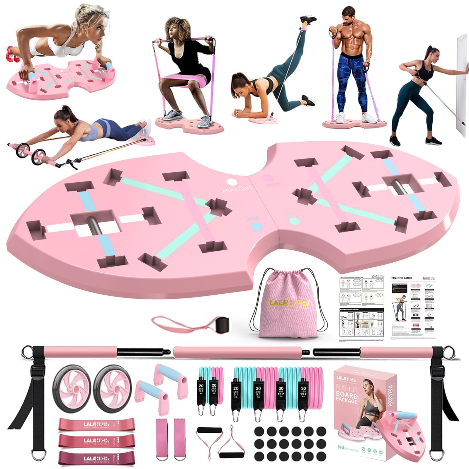 Lalahigh Home Workout Equipment For Women, Multifunction Push Up Board, Portable Home Gym System With Resistance Bands,Ab Roller