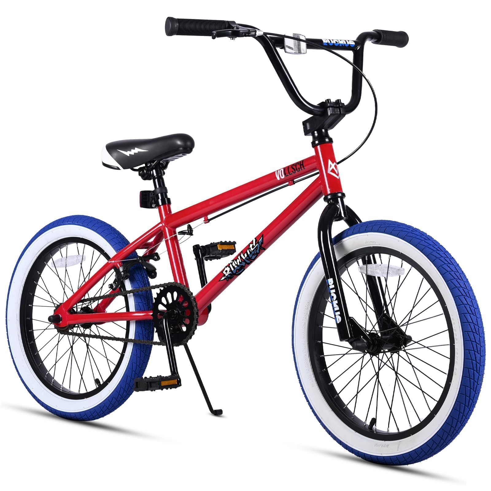 vollsch Freestyle BMX Bikes 18 Inch Kids Bicycle for 6-12 Years Old Teens, Boys, Girls, Beginner-Lever Riders, Red with Blue Tir