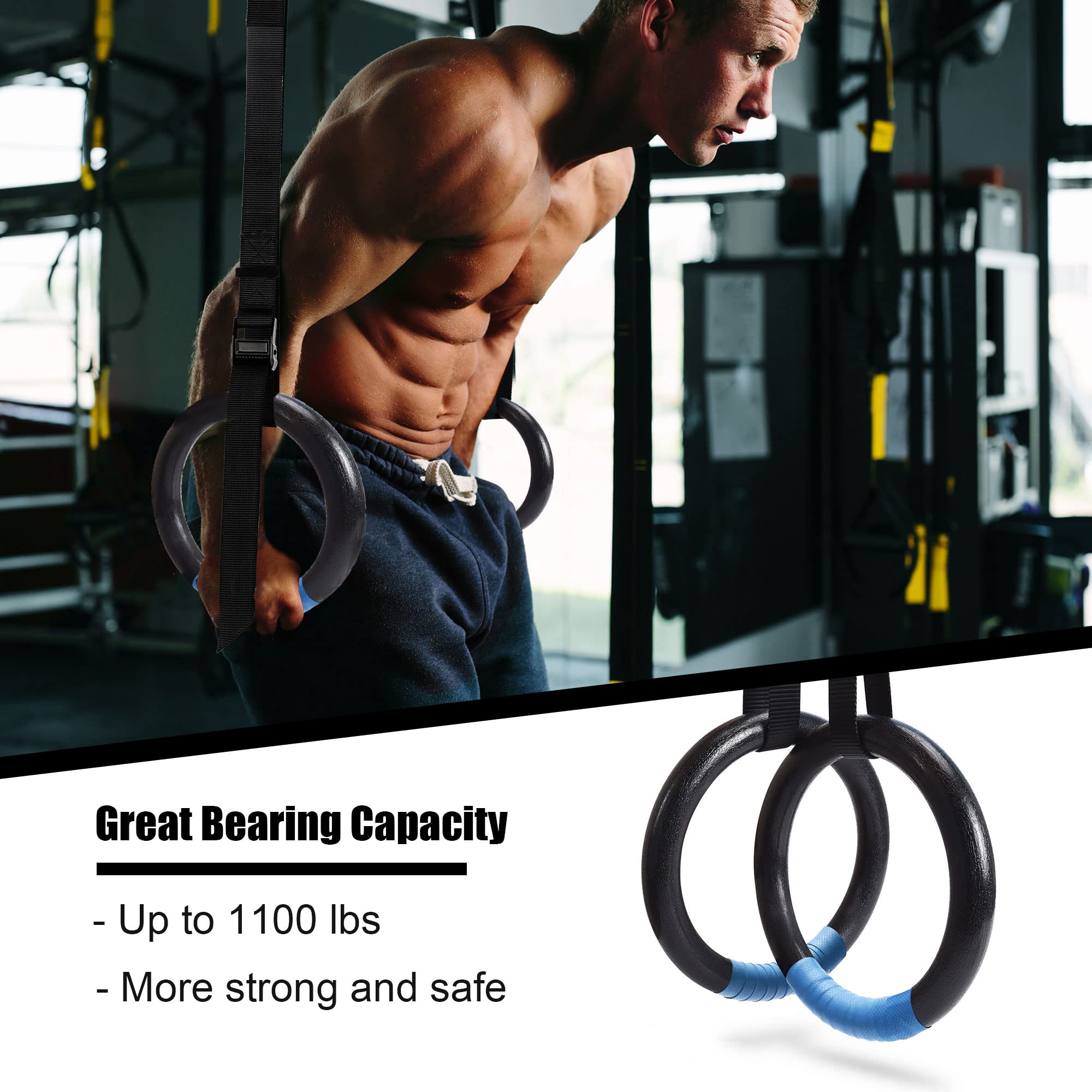 Pacearth Gymnastic Rings 1100Lbs Capacity With 14.76Ft Adjustable Buckle Straps Pull Up Exercise Rings Non-Slip Rings For Home G