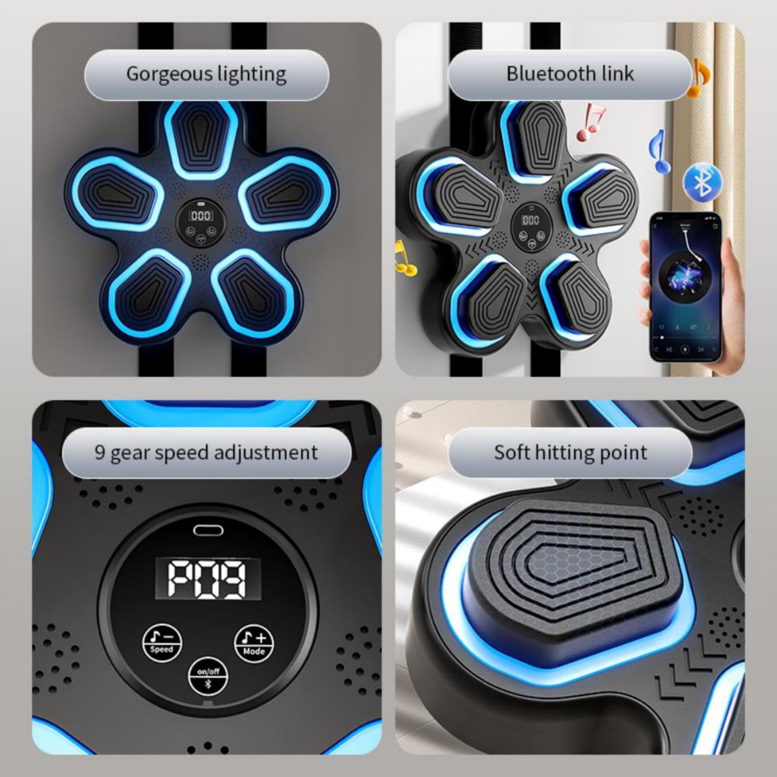 Yrougra Music Boxing Machine, Smart Bluetooth Boxing Training Target With Led Light, 9 Speed Modes, Digital Display, Wall-Mounte