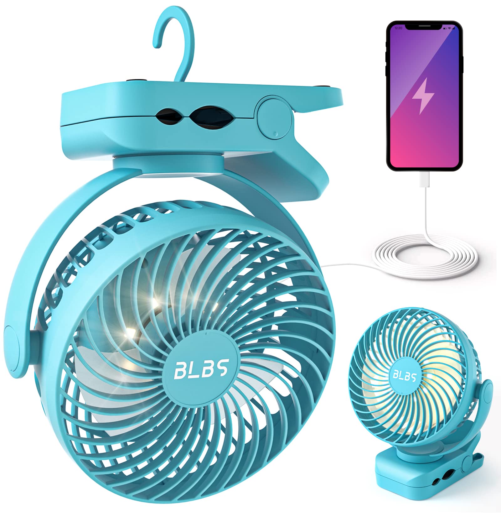 Camping Fan with LED Light - 12000mAh 65Hrs Battery Powered, Portable Rechargeable, Use As Power Bank, Clip On, Tent Fan for Cam