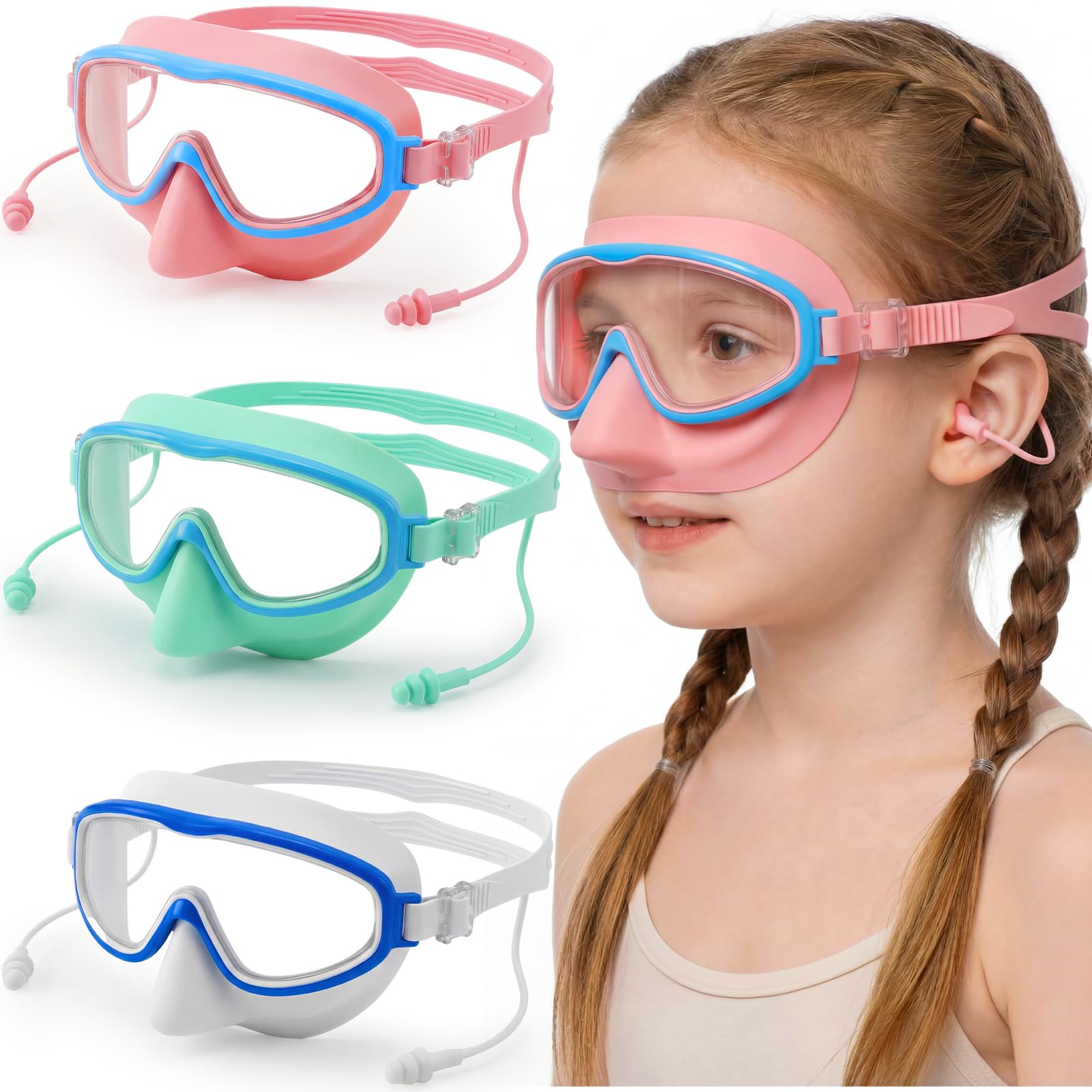 Tellegloww 3 Pack Kid Swim Goggles with Nose Cover Wide View No Leaking Anti Fog Swim Mask Pool Goggle for Age 3-12 Girl Boy(Pur