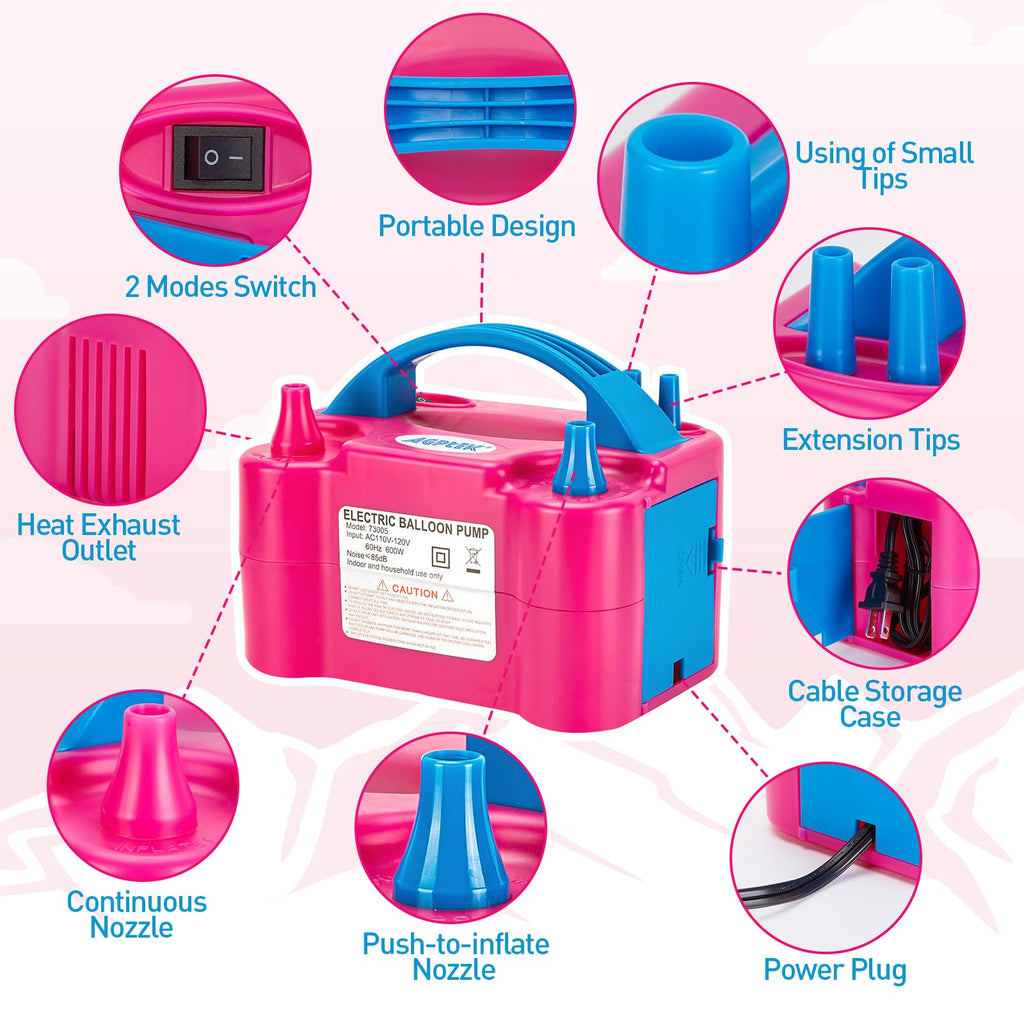 Agptek Electric Air Balloon Pump, 110V 600W Rose Red Portable Dual Nozzle Inflator/Blower For Party Decoration