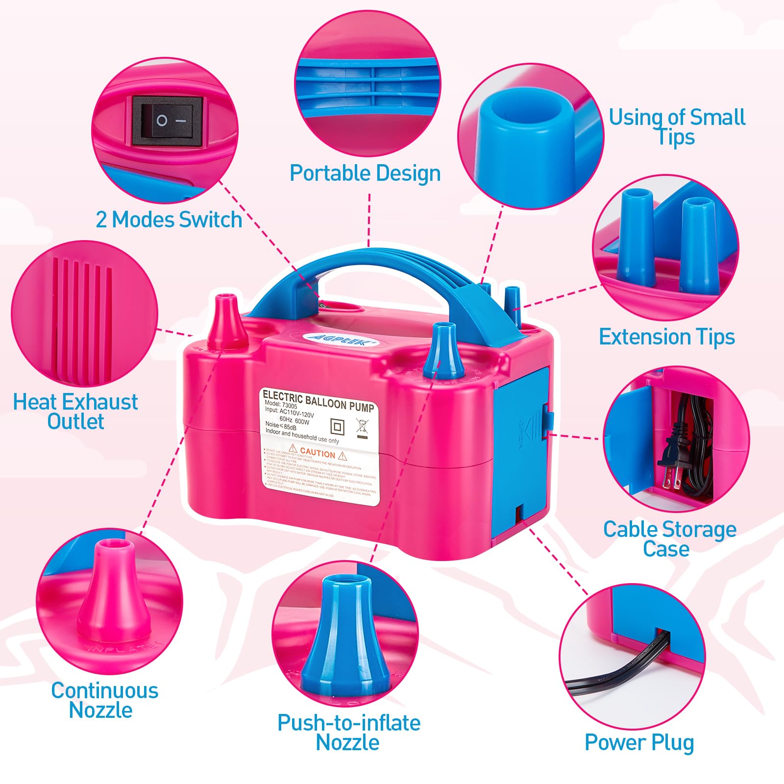 Agptek Electric Air Balloon Pump, 110V 600W Rose Red Portable Dual Nozzle Inflator/Blower For Party Decoration