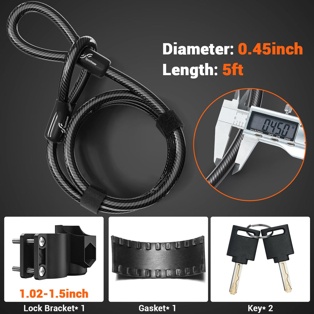 Sportneer Bike Lock Set Heavy Duty Bike U Lock With 5 Ft Security Steel Cable, 17Mm Shackle Bicycle U-Locks With Keys And Sturdy