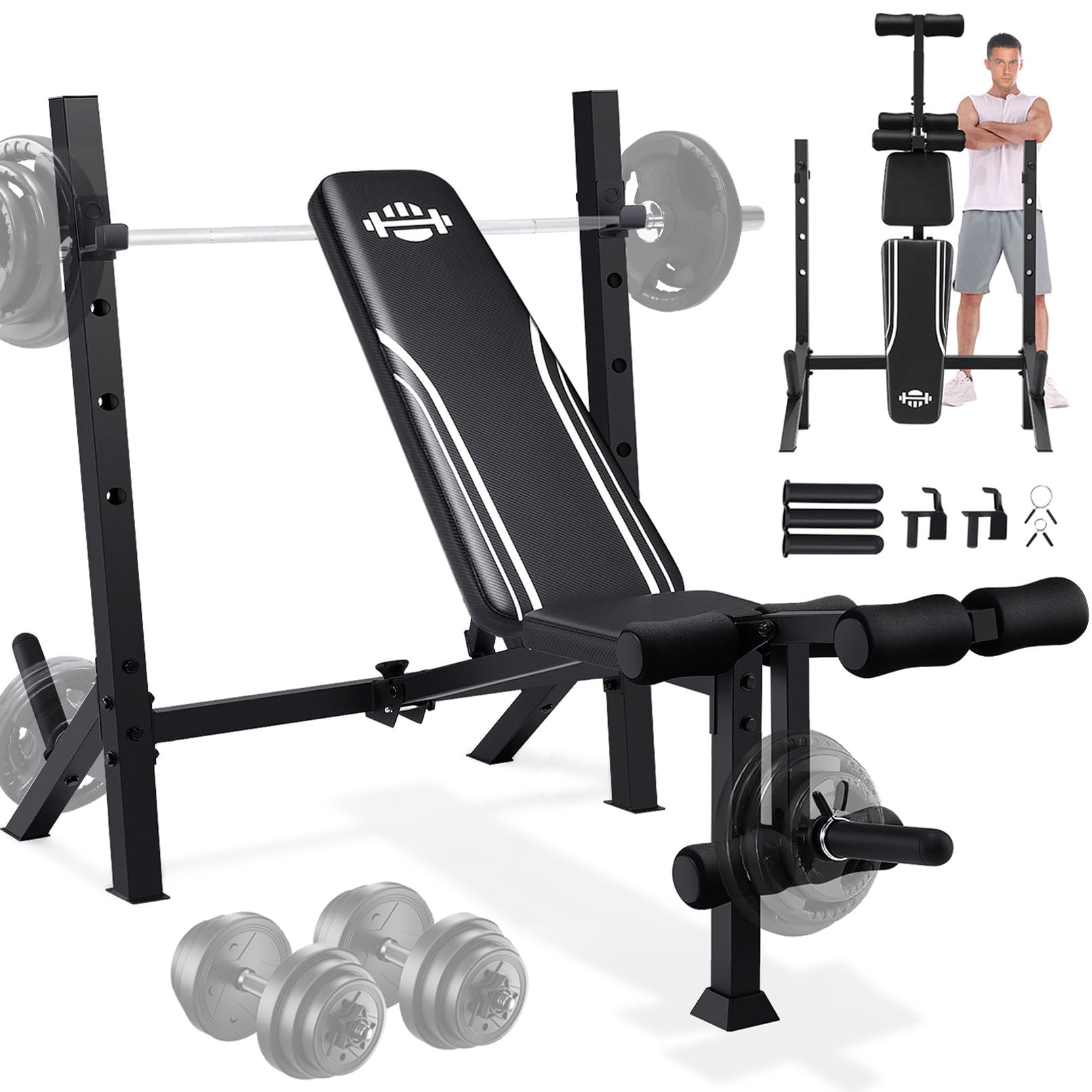 ANCHEER 900LBS Weight Bench Set with Barbell Rack, Heavy Duty Bench Press Set with Leg Extension and Leg Curl, Foldable Workout 