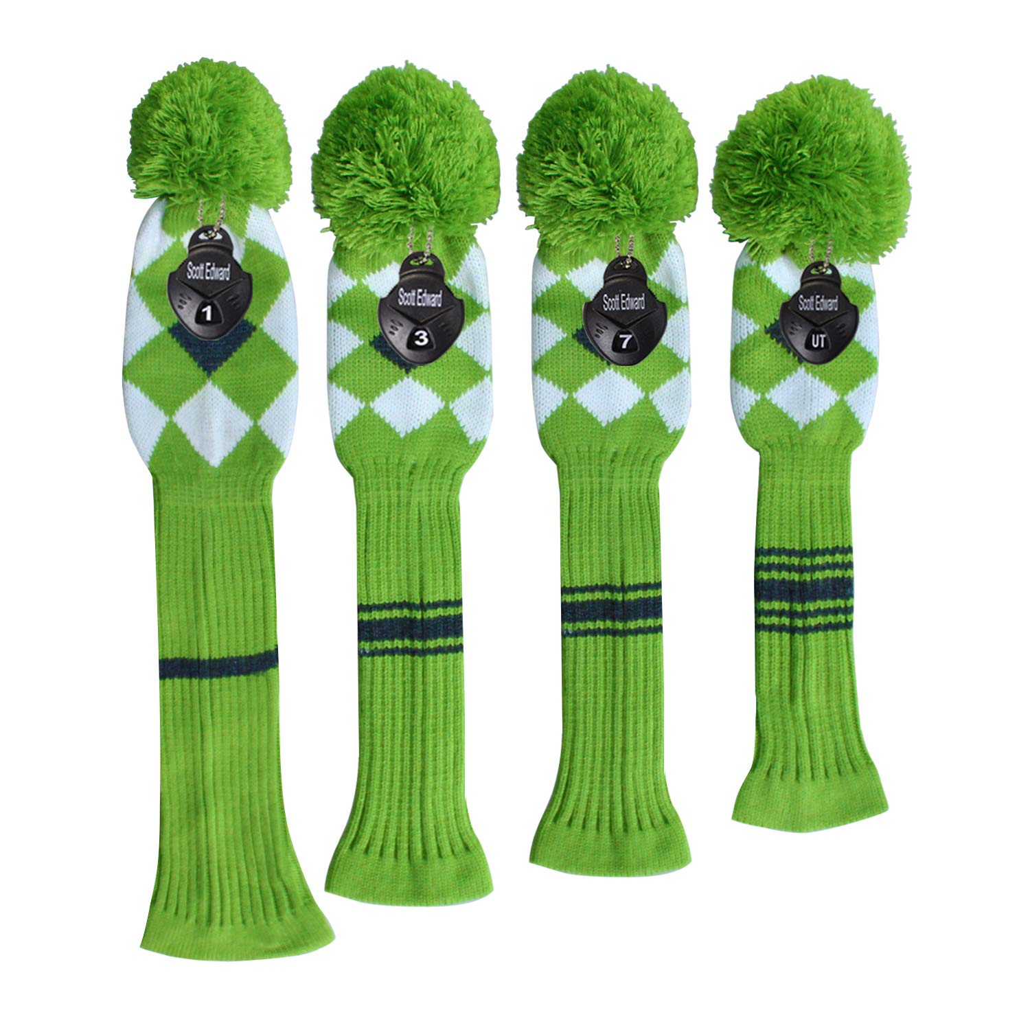 Scott Edward Green Grey White Argyle Golf Club Head Covers, Acrylic Yarn Double-Layers Knitted, With Rotatable Number Tags Set O