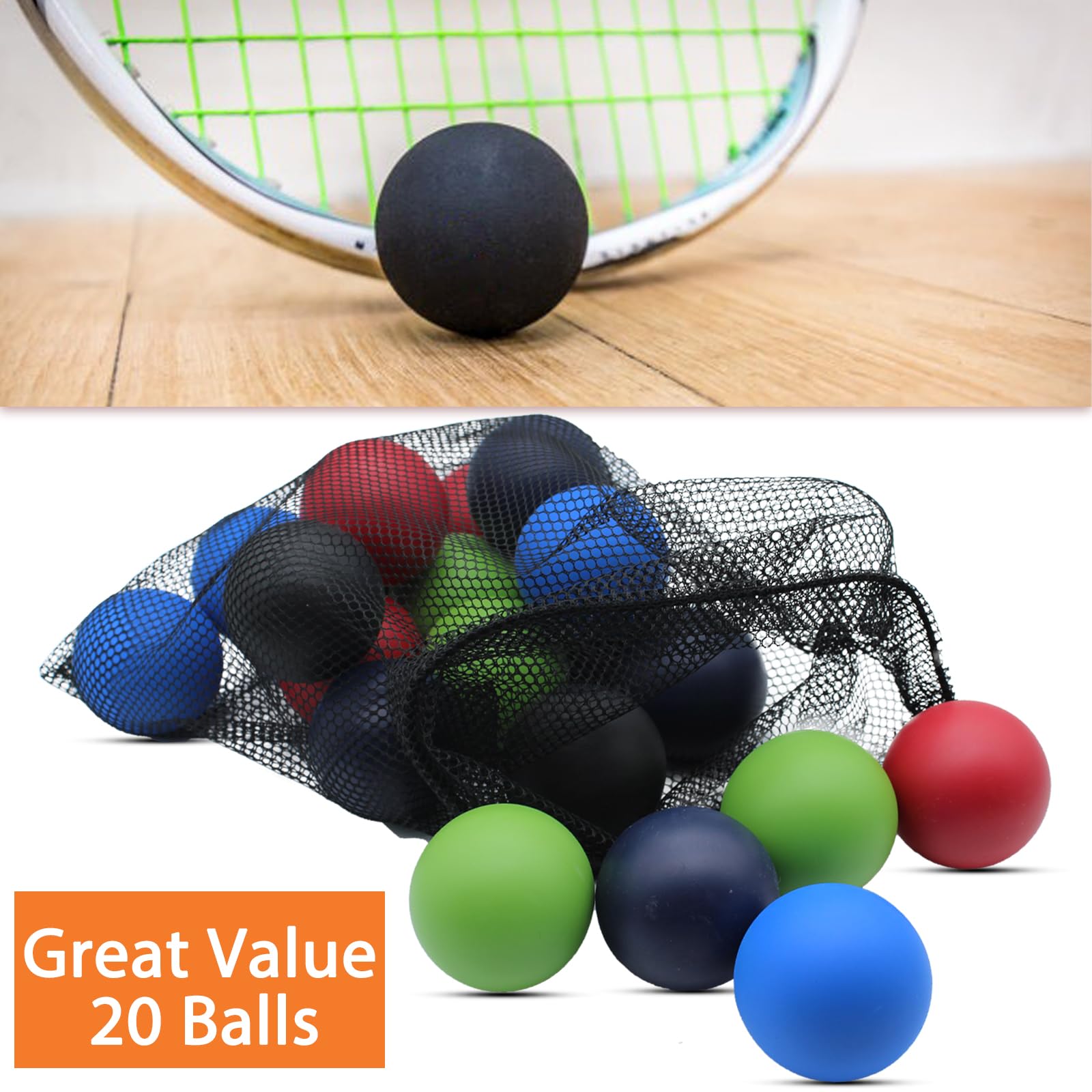 20 Pack Racquetball Multi Colored Racquetballs High Bounce Rubber Racquetballs With A Mesh Bag (Multi-Color)