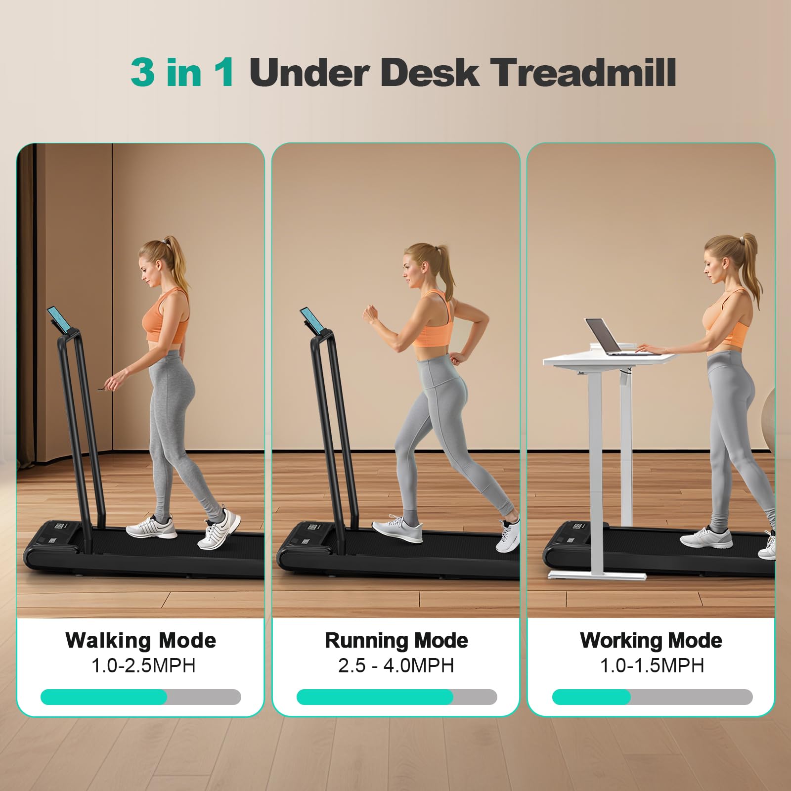 Walking Pad Treadmill, Walking Pad With Handle Bar, 2.5 Hp Under Desk Treadmills For Home Office, 3 In 1 Foldable Treadmills Sup