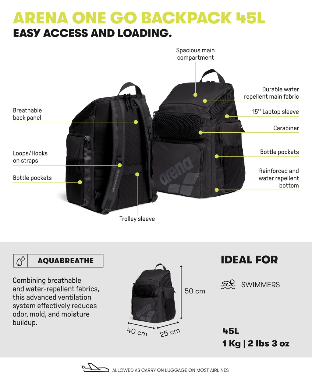 Arena One Go Backpack Swimmers Athletes Sports Gym Rucksack Multisport Daypack Large Size Training Gear Equipment Swim Bag for M