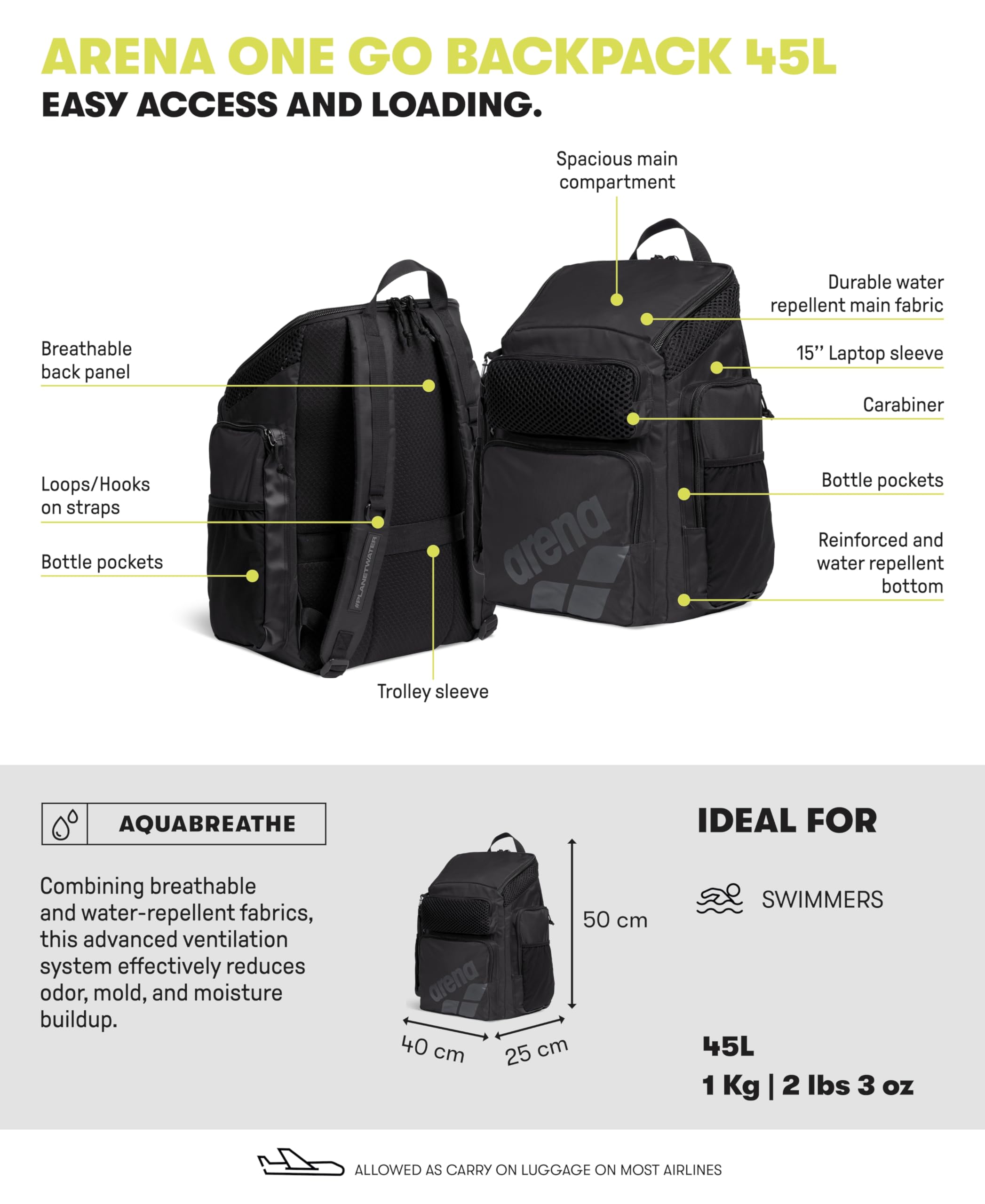 Arena One Go Backpack Swimmers Athletes Sports Gym Rucksack Multisport Daypack Large Size Training Gear Equipment Swim Bag for M