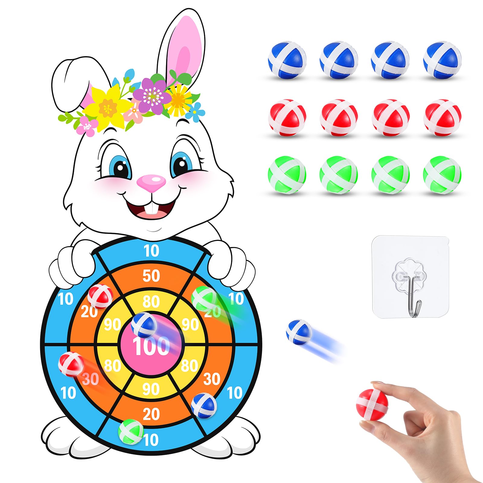 Capoda Easter Dart Board Game 28 Cute Bunny Dart Board with 12 Sticky Balls Easter Basket Stuffers for Easter Yard Indoor Outdoo
