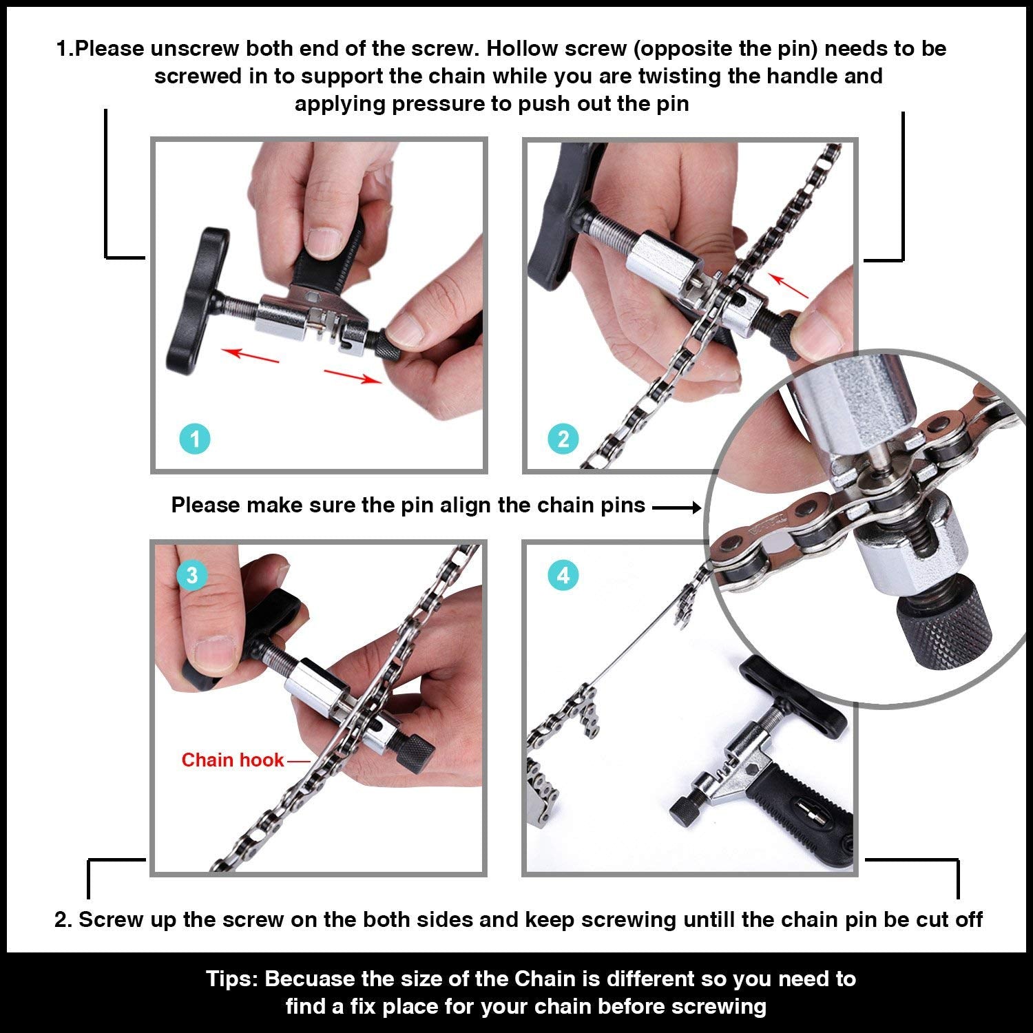 Oumers Universal Bike Chain Tool With Chain Hook, Road And Mountain Bicycle Chain Repair Tool, Bike Chain Splitter Cutter Breake