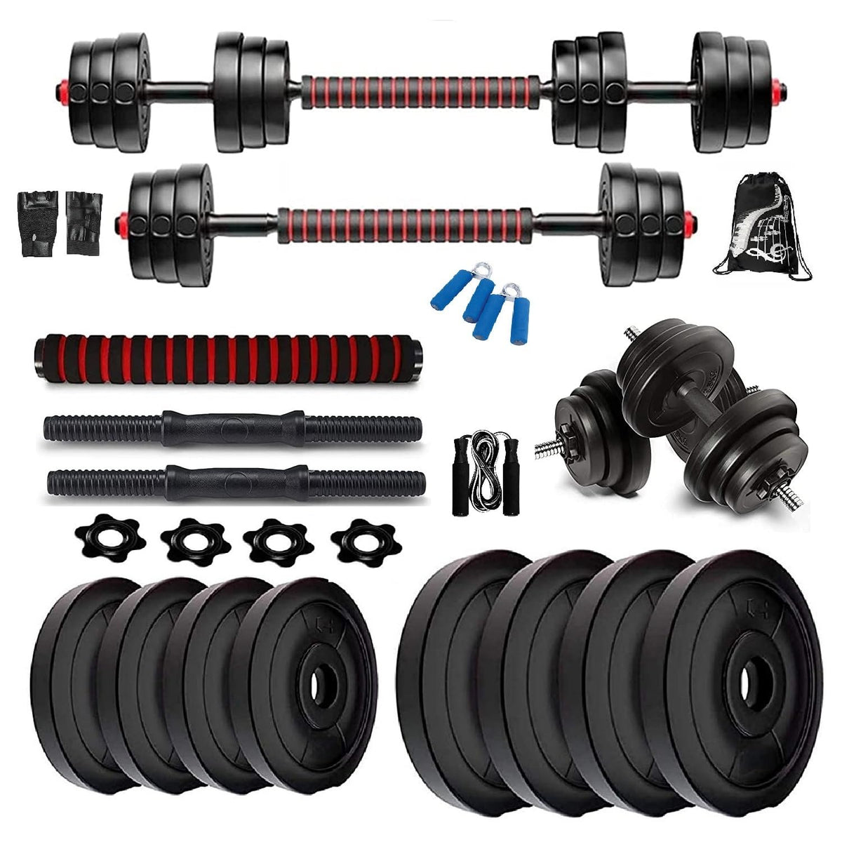 Bodyfit Adjustable Dumbbell Set with Weight Plates, Rods, Hand Grippers, Skipping Rope, Gloves and Carry Bag, Home Gym Kit. (12k