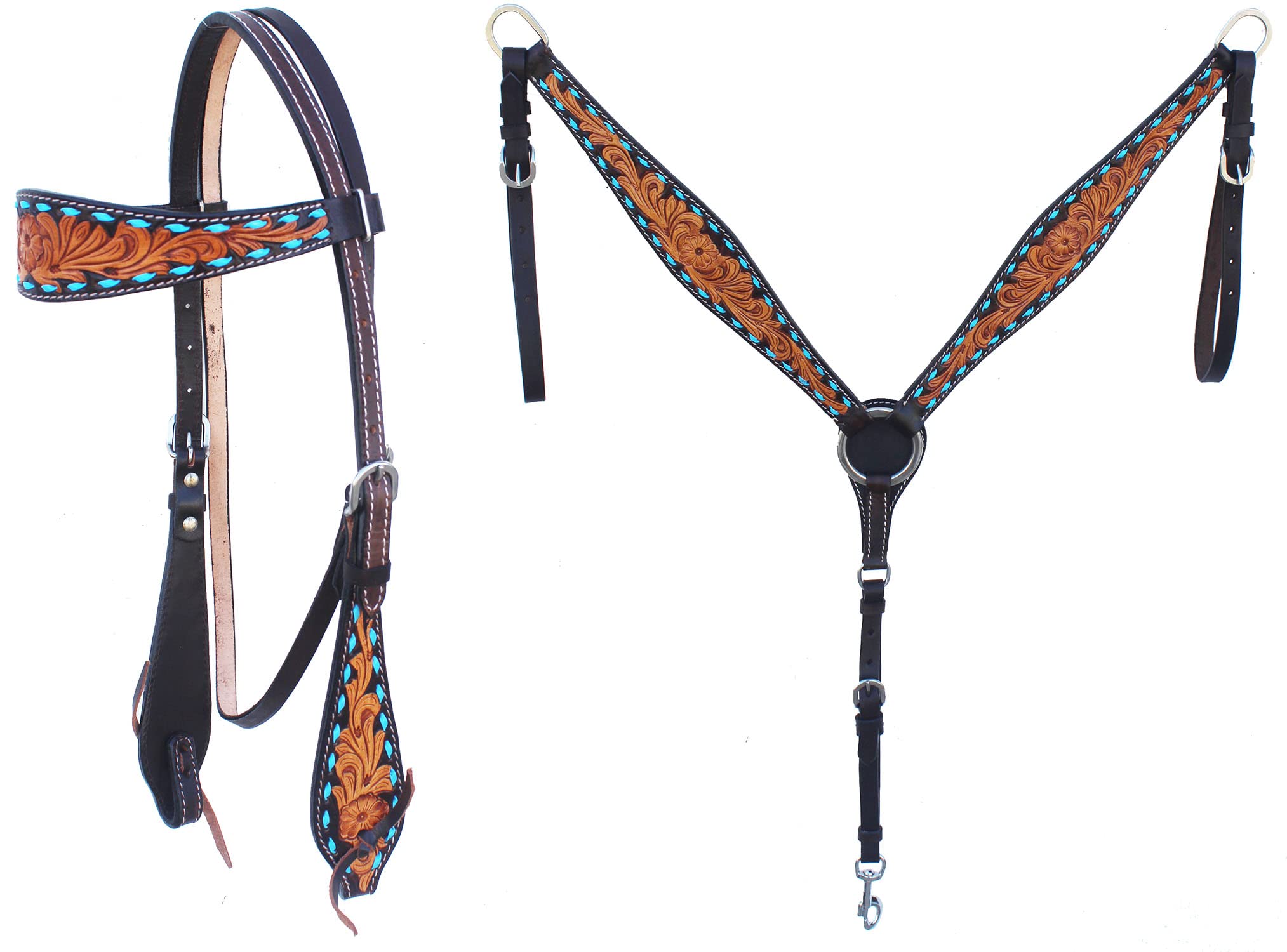 Challenger Horse Western Floral Tooled Browband Bridle & Breast Collar Tack Set 78Hr24B