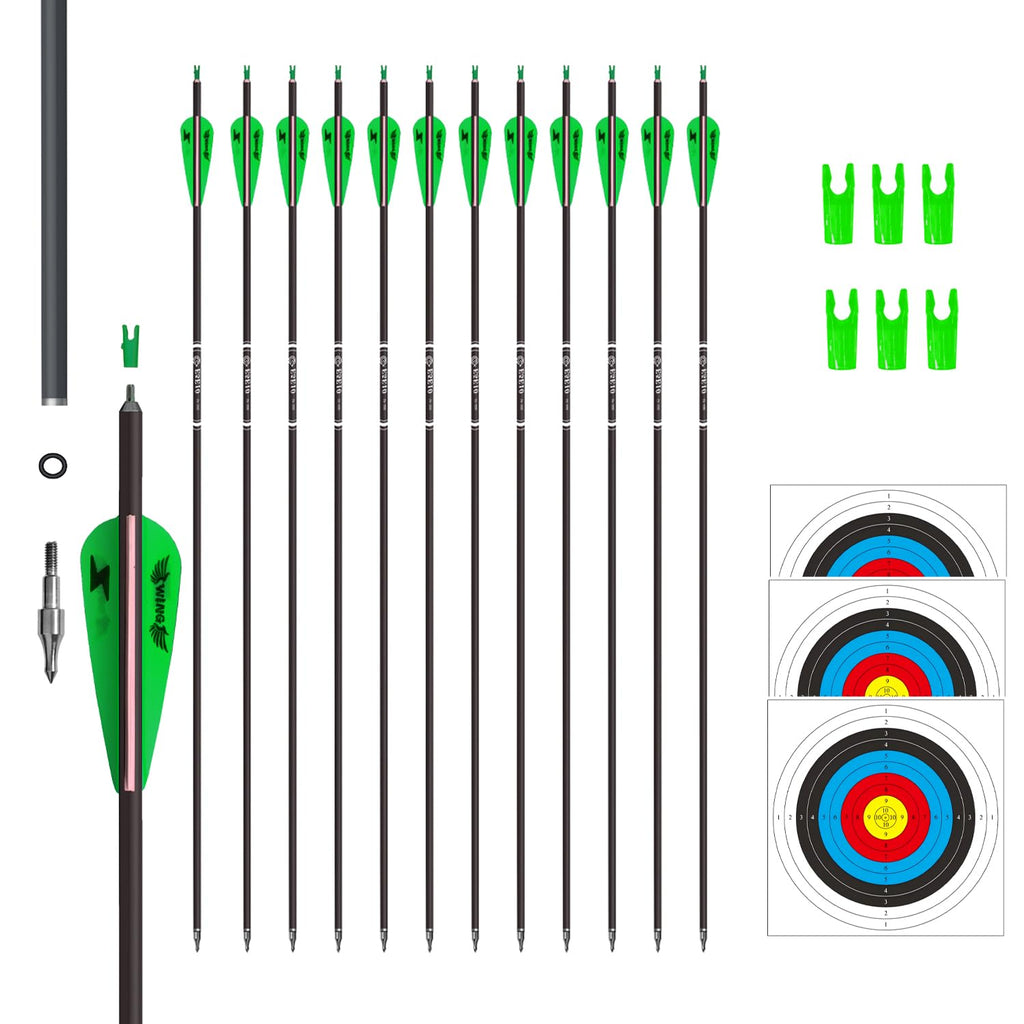 31Inch Carbon Arrow Archery Targeting Practice Hunting Arrows For Compound & Recurve Bow With Removable Tips(Pack Of 12) (Green