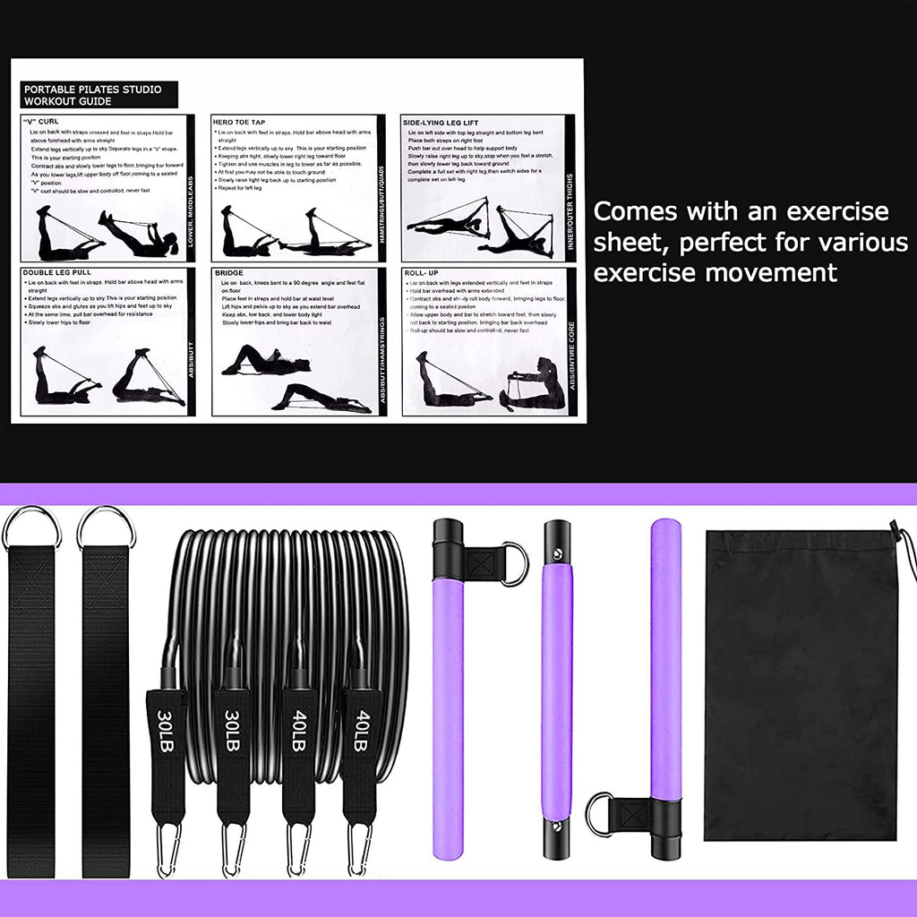 Pilates Bar Kit With 4 X Resistance Bands,3-Section Pilates Bar With Stackable Bands Workout Equipment For Legs,Hip,Waist And Ar
