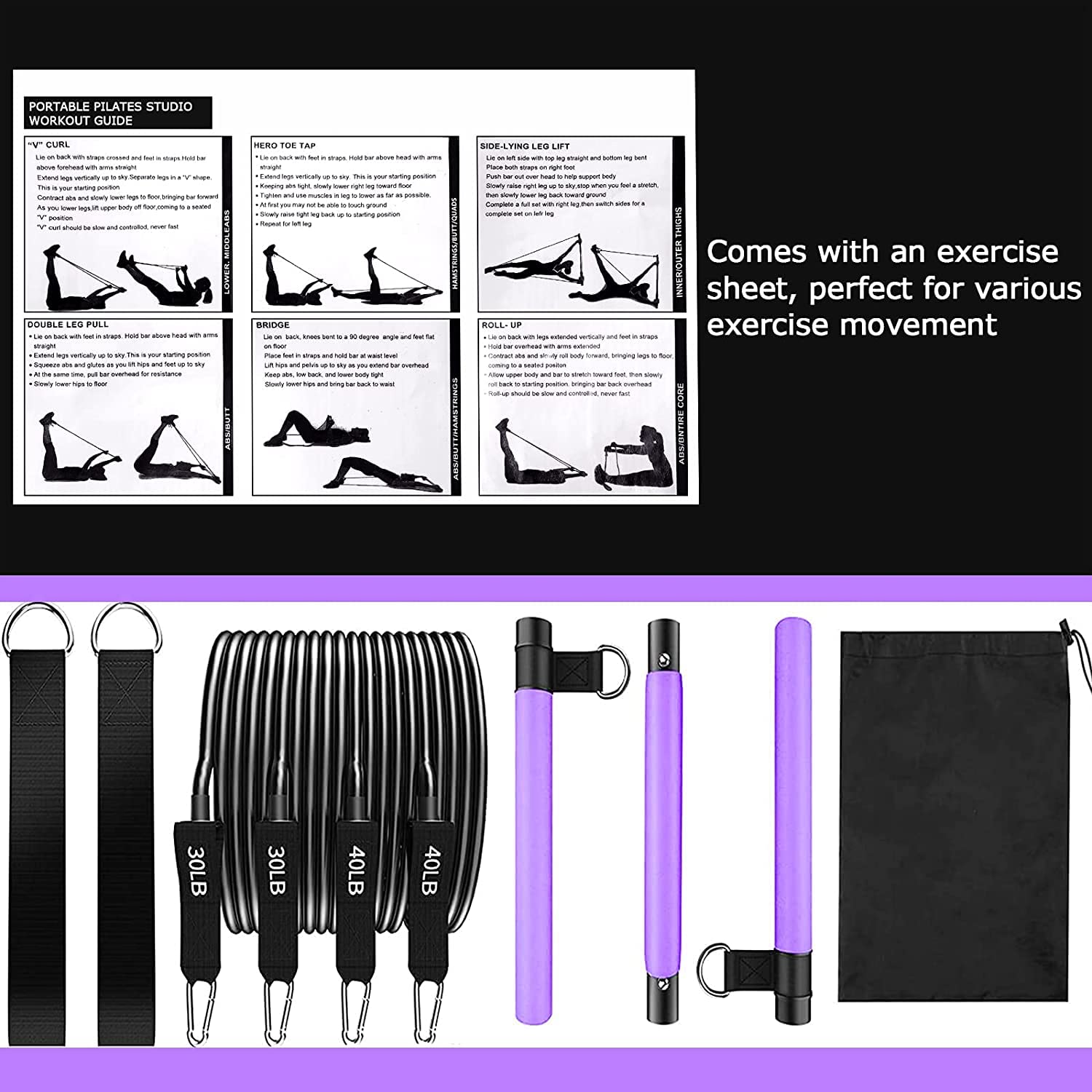 Pilates Bar Kit With 4 X Resistance Bands,3-Section Pilates Bar With Stackable Bands Workout Equipment For Legs,Hip,Waist And Ar