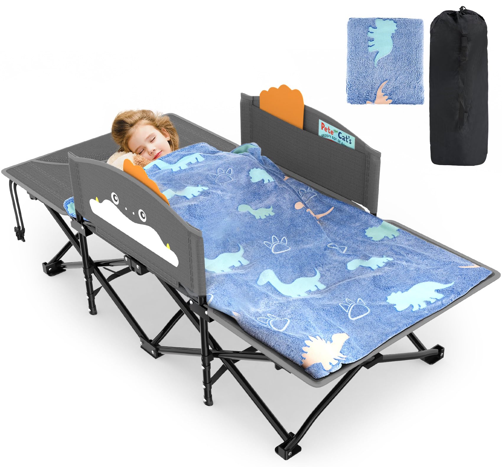 Slendor Toddle Cot, Toddler Portable Bed W/Cartoon Handrail, Blanket (5Ft X 4Ft), Folding Toddler Cots For Camping, Travel Bed,