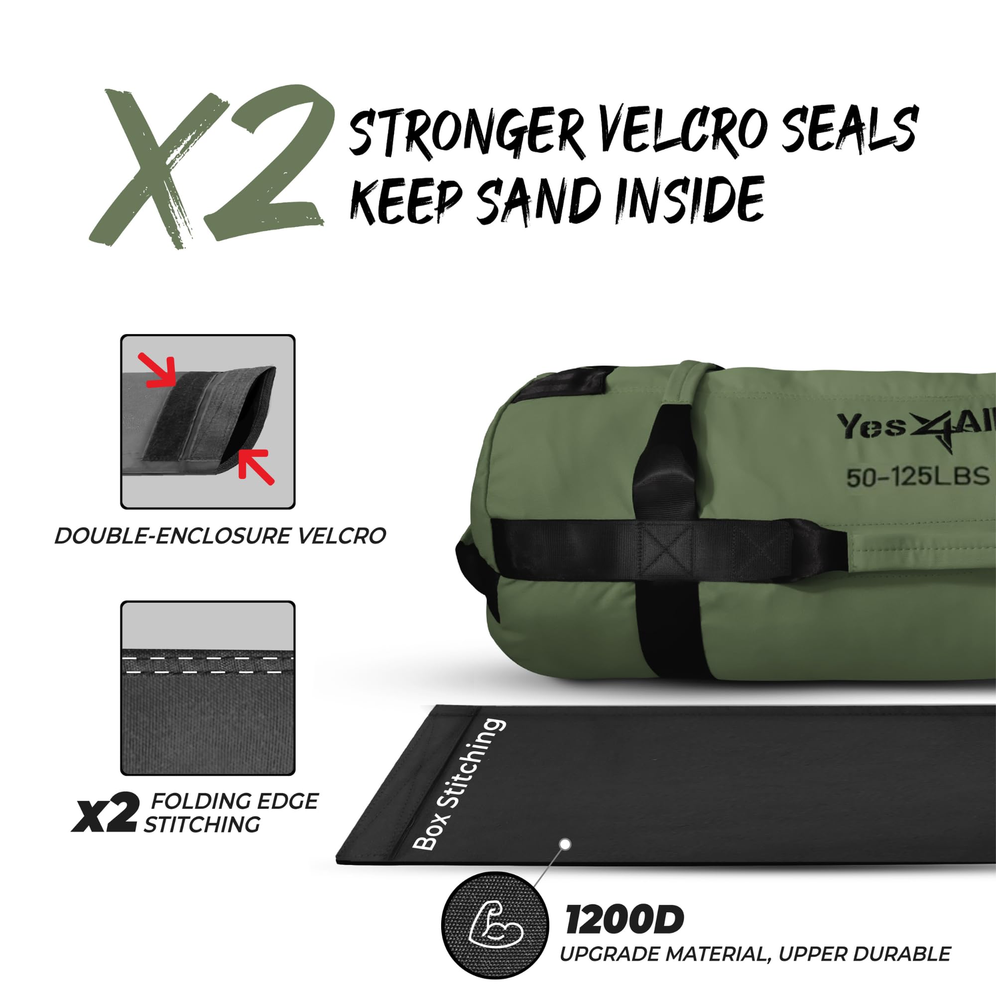 Yes4All Workout Sandbags, Heavy Duty Sandbags For Fitness, Conditioning, Mma & Combat Sports - Army Green - L