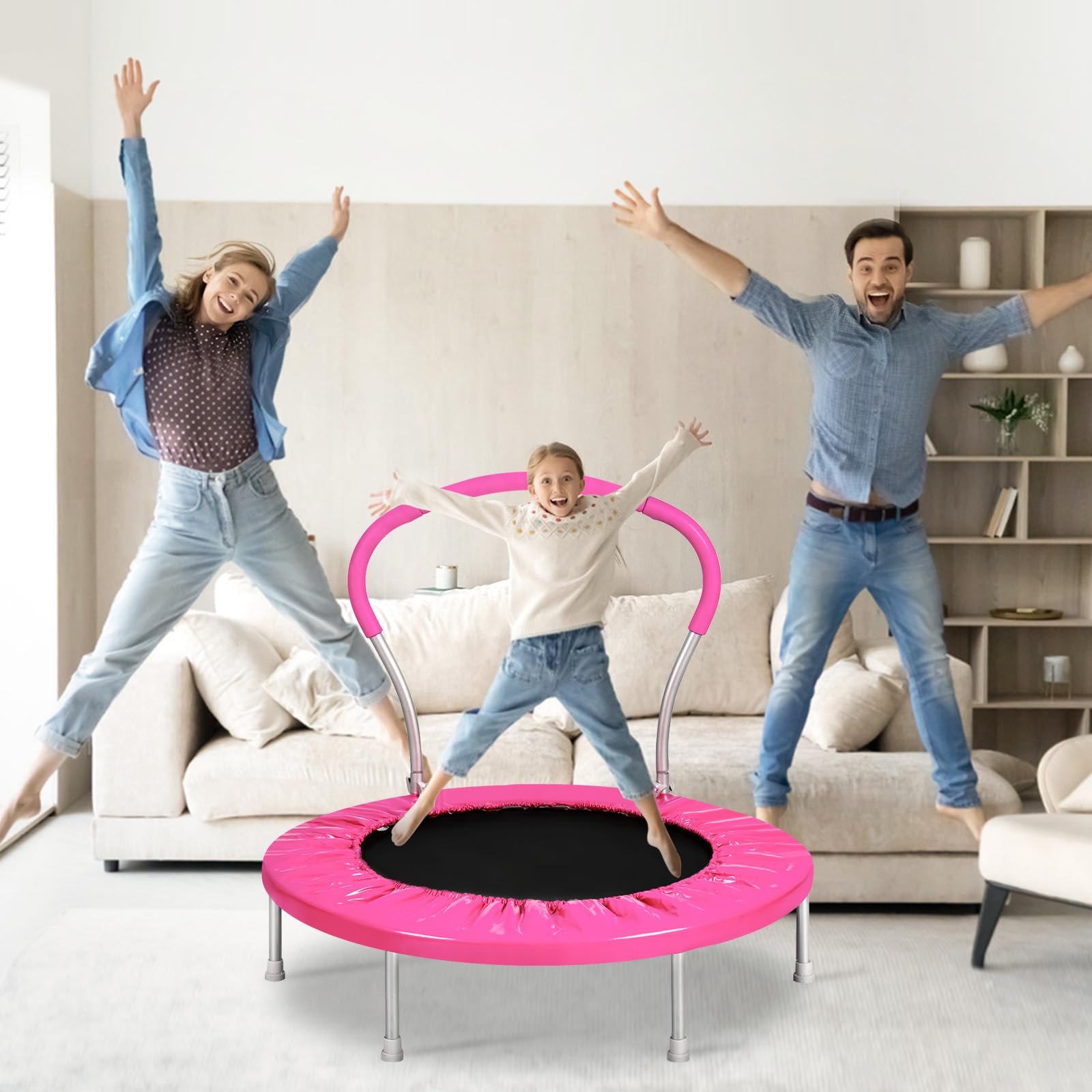 Lyromix 36 Inch Mini Trampoline for Kids, Indoor Toddler Rebounder Trampoline with Handle, Pink