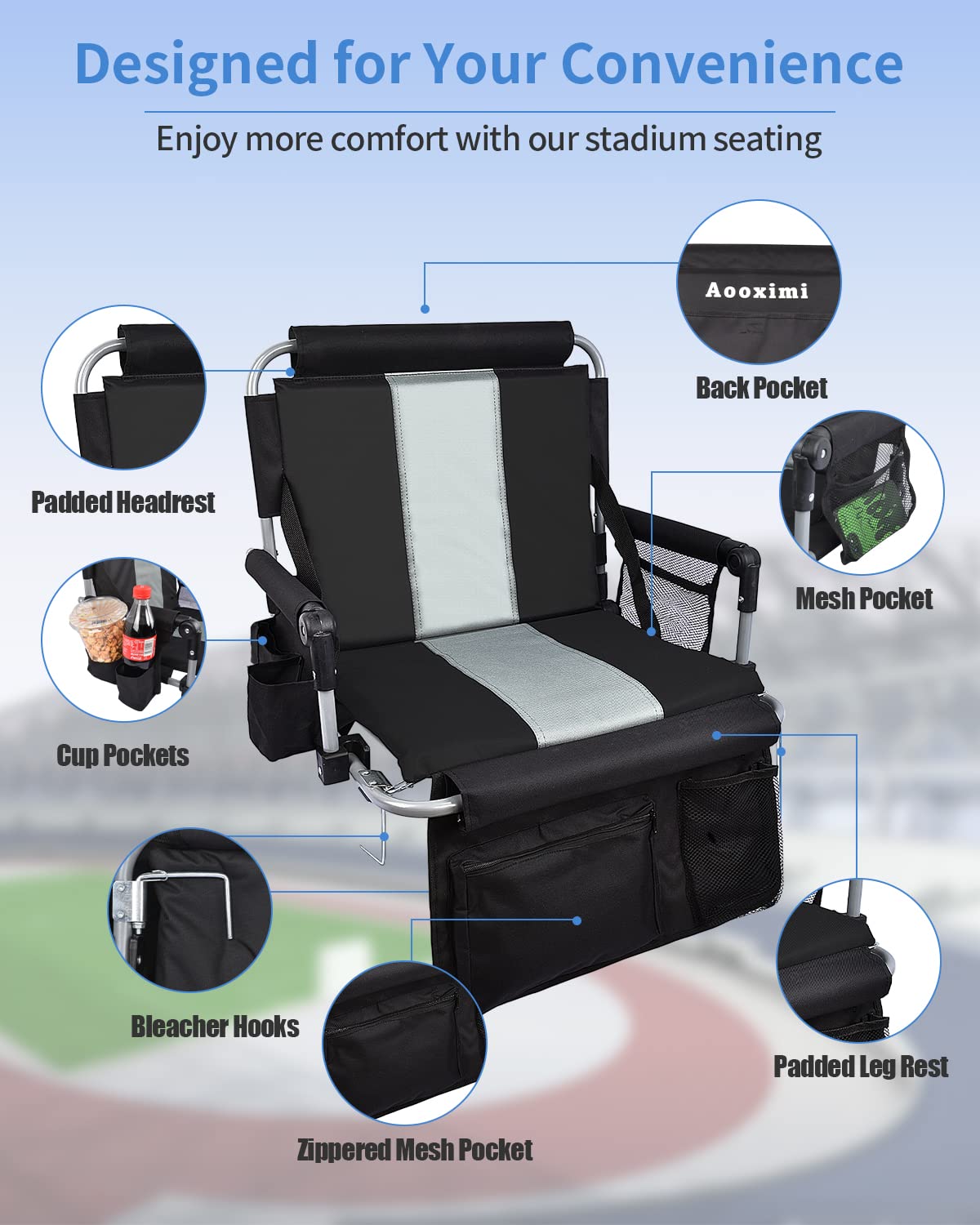 Aooximi Stadium Seats With Back Support, Folding Bleacher Seat With Cup Holders, Mesh Bags And Hide Hooks, Portable Wide Bleache