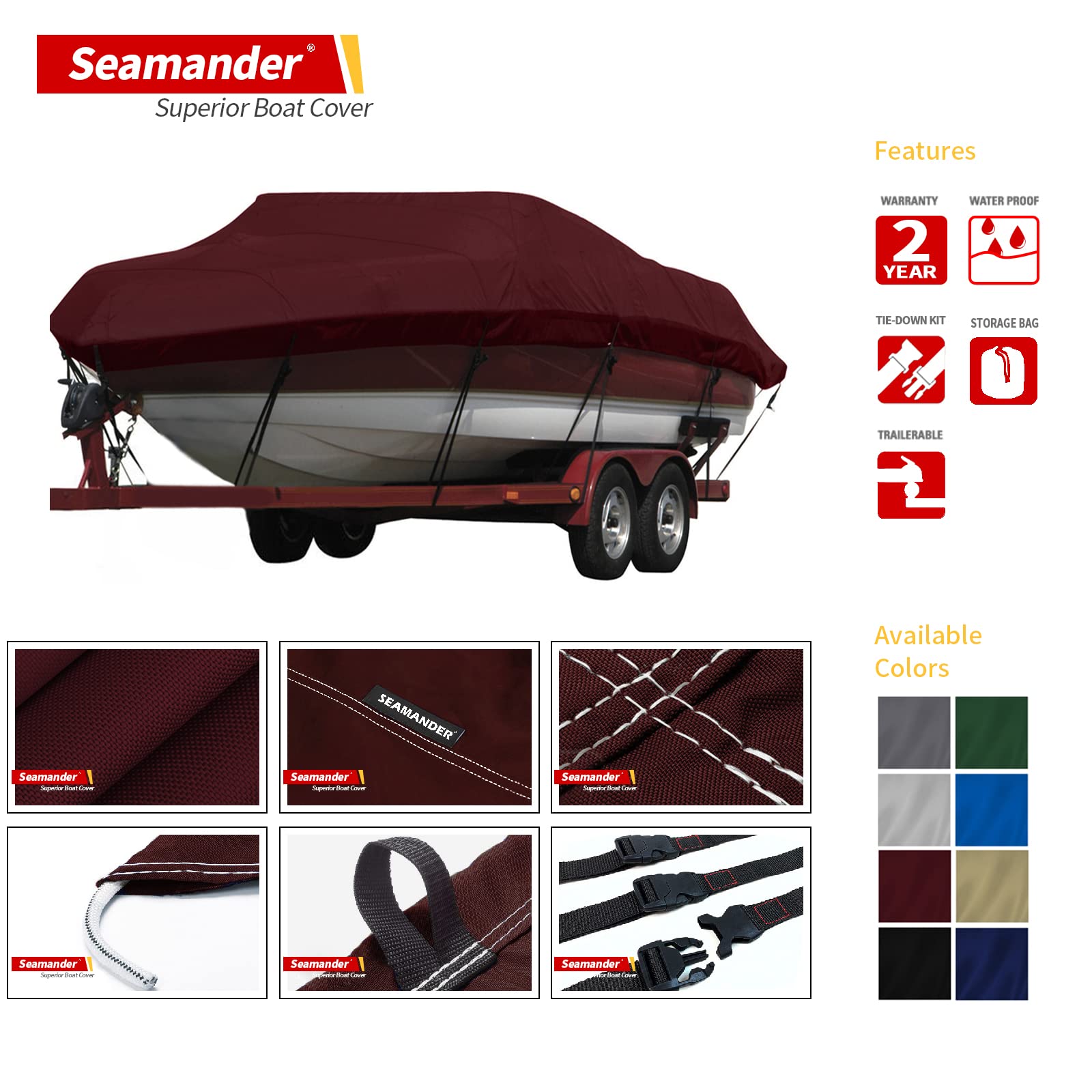 Seamander Waterproof Boat Cover, Solution-Dyed Yarn Marine Grade Cover Fits 23' To 24' Ft Bass, V-Hull, Tri-Hull, Fish & Ski, Ru