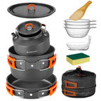 Odoland 10Pcs Camping Cookware Camping Pots And Pans Set With Kettle Plastic Bowls And Soup Spoon For Camping, Backpacking, Outd