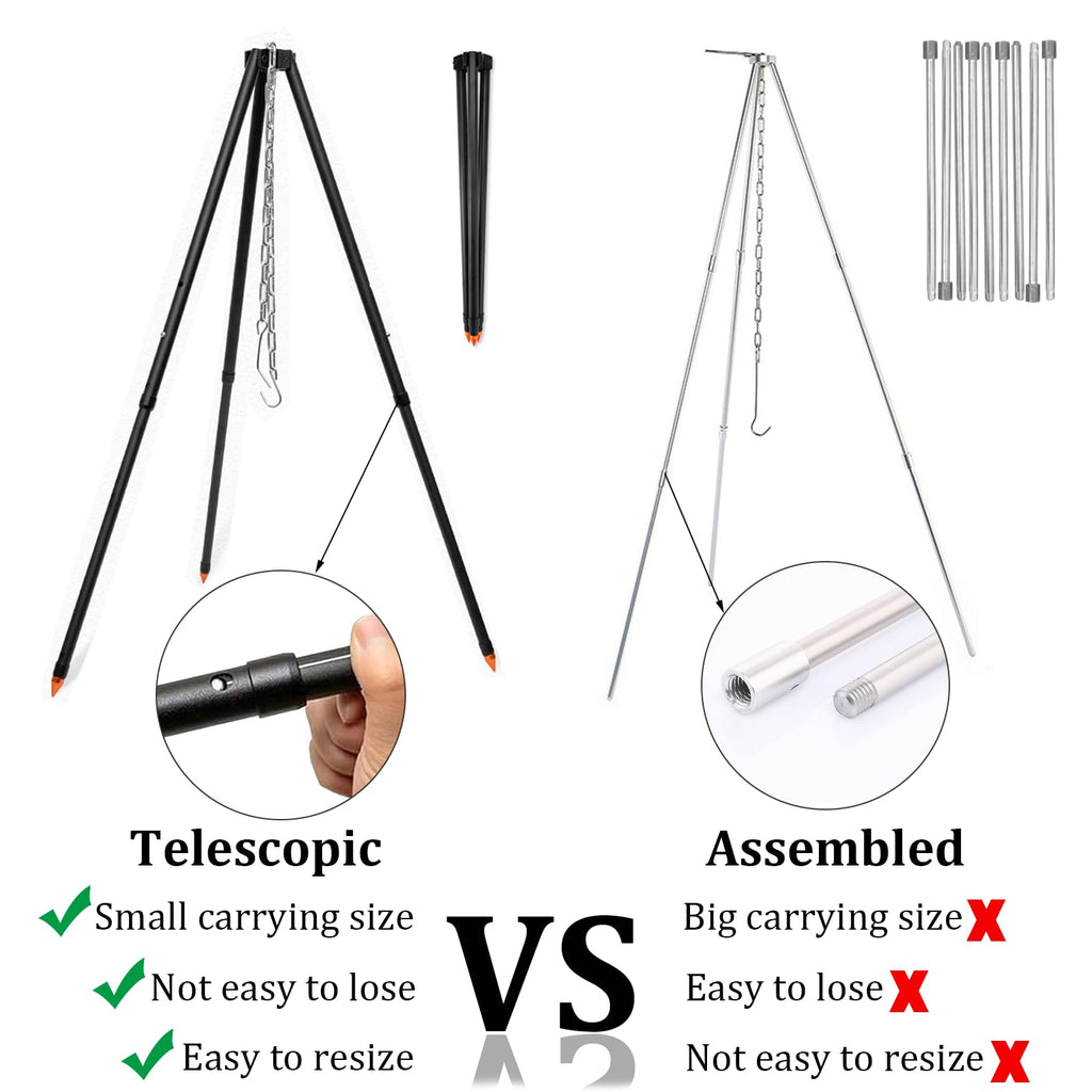 Caroyino 21-Inch Campfire Tripod, 47-Inch Five-Position Telescopic Camping Tripod With Adjustable Suspension Chain, Camping Trip