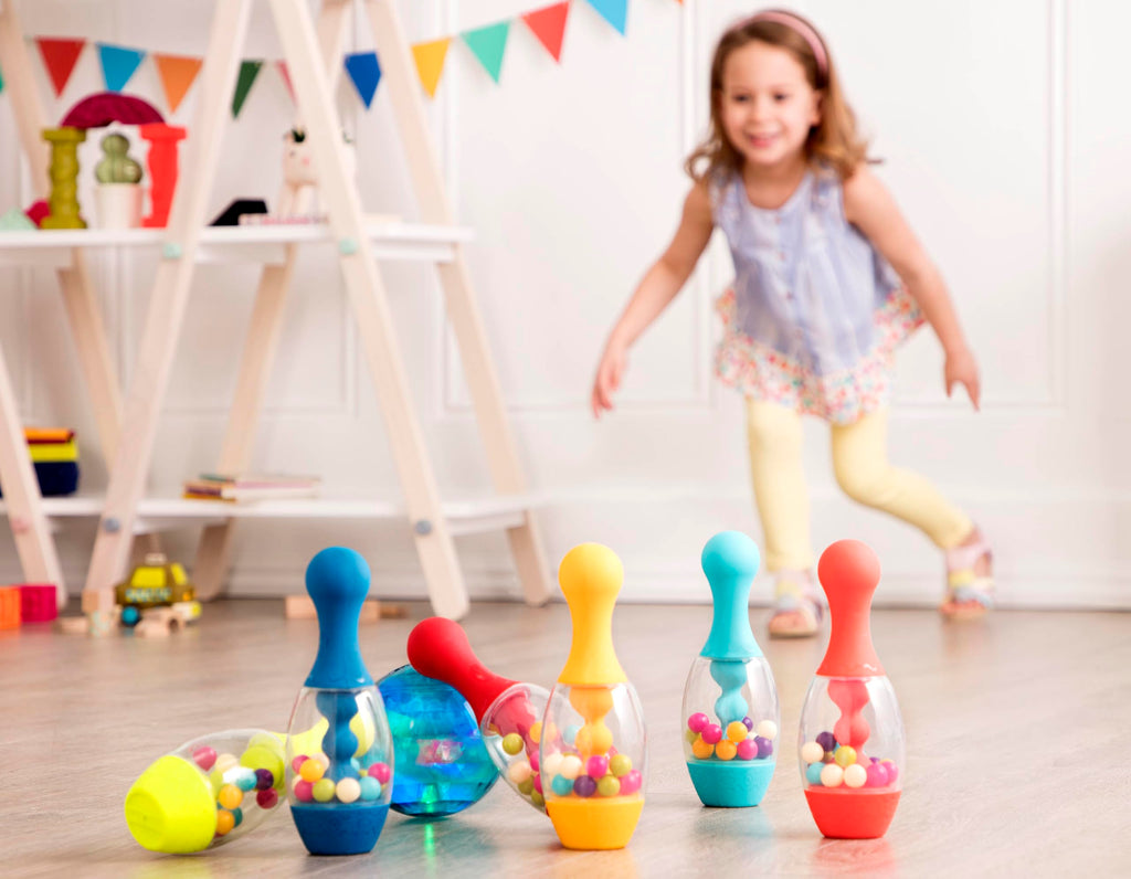 B. Toys- Lets Glow Bowling! - Multicolored Six Pin Toy Bowling Set With Flashing Light-Up Ball & Carrying Caddy For Kids- 2 Year