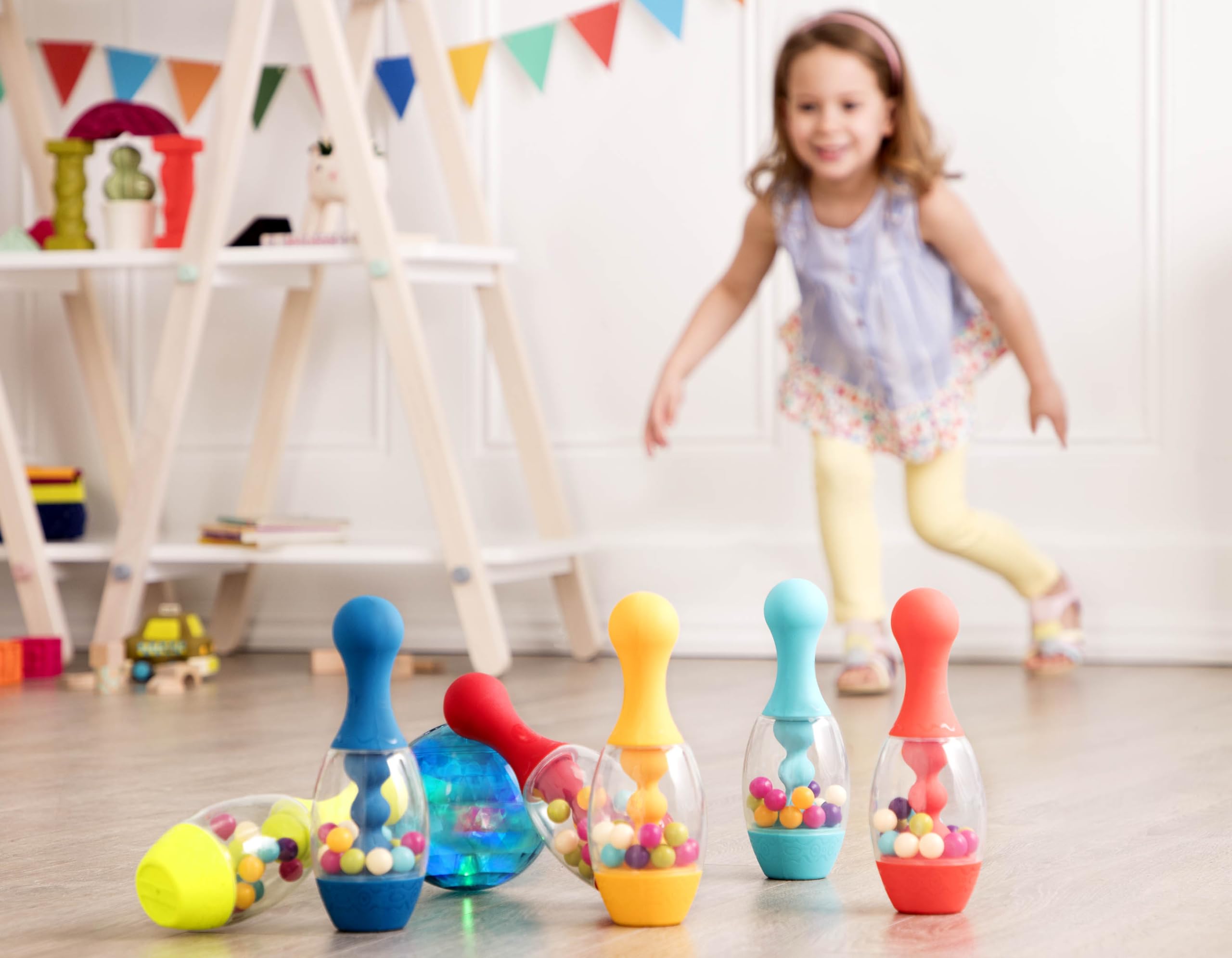 B. Toys- Lets Glow Bowling! - Multicolored Six Pin Toy Bowling Set With Flashing Light-Up Ball & Carrying Caddy For Kids- 2 Year