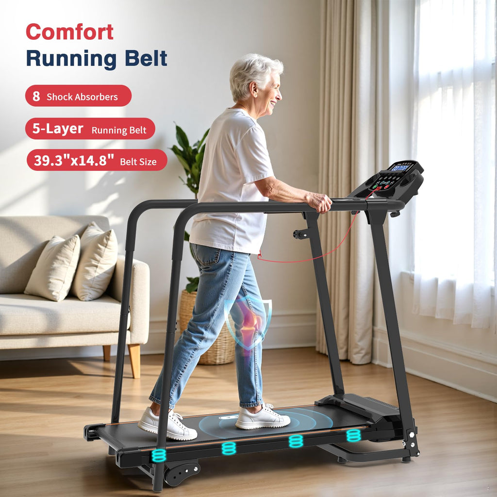 Redliro Walking Treadmill for Seniors - Foldable Senior Treadmill with 0%-2% Incline, Long Handrails - 300 lbs Capacity Home Rec