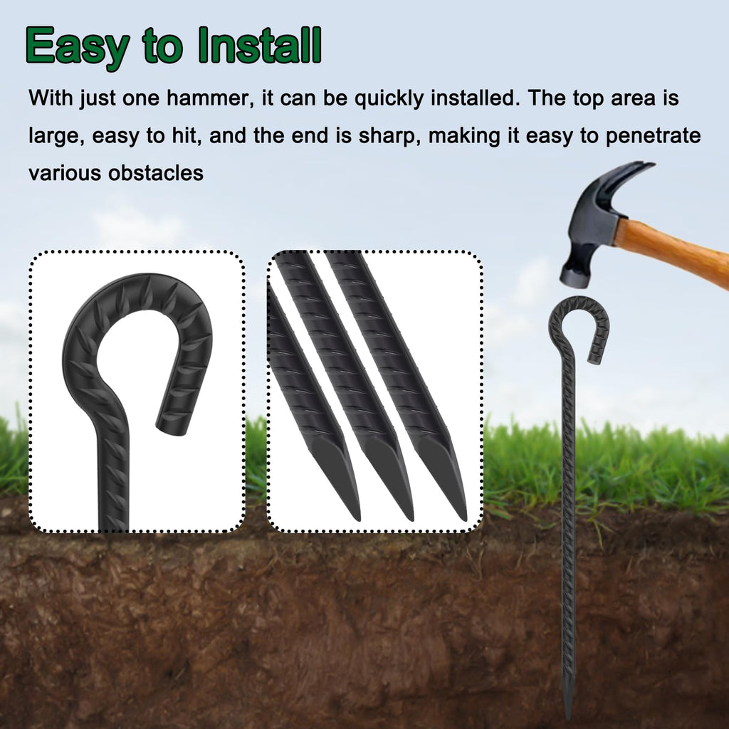 18 Inch Rebar Stakes With Loop 12 Pack Camping Tent Ground Anchors Heavy Duty 1/2 Inch Diameter Metal Tree Stakes And Supports F