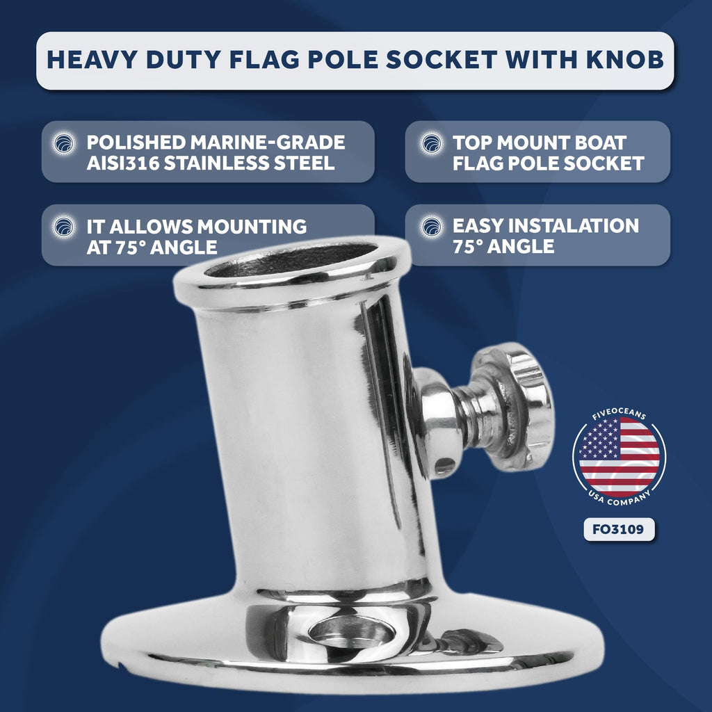 Five Oceans Boat Flag Pole Socket, Flag Pole Holder With Knob, Top Mount, Marine Grade Heavy Duty Stainless Steel, Fits 3/4 Inch