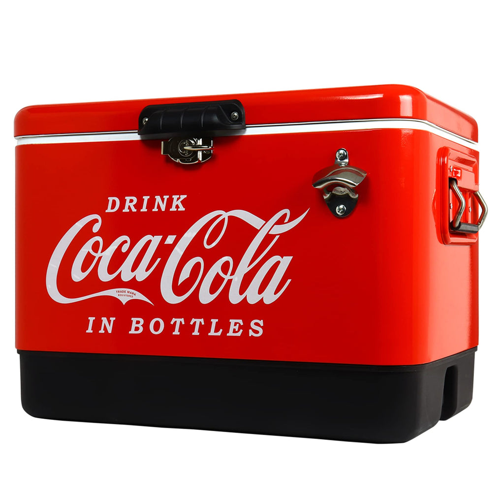 Coca-Cola Ice Chest Beverage Cooler With Bottle Opener, 51L (54 Qt), 85 Can Capacity Portable Cooler, Red And Black, For Camping