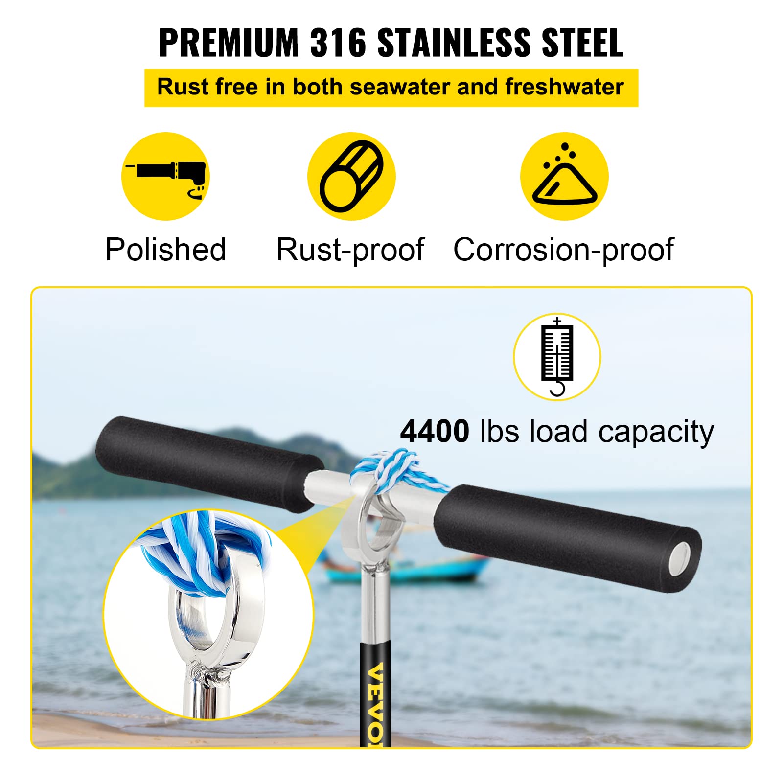 Vevor Sand Anchor, 36'' Length Auger To The Beach And Sandbar, 316 Stainless Steel Screw Anchor W/Removable Handle, Bungee Line